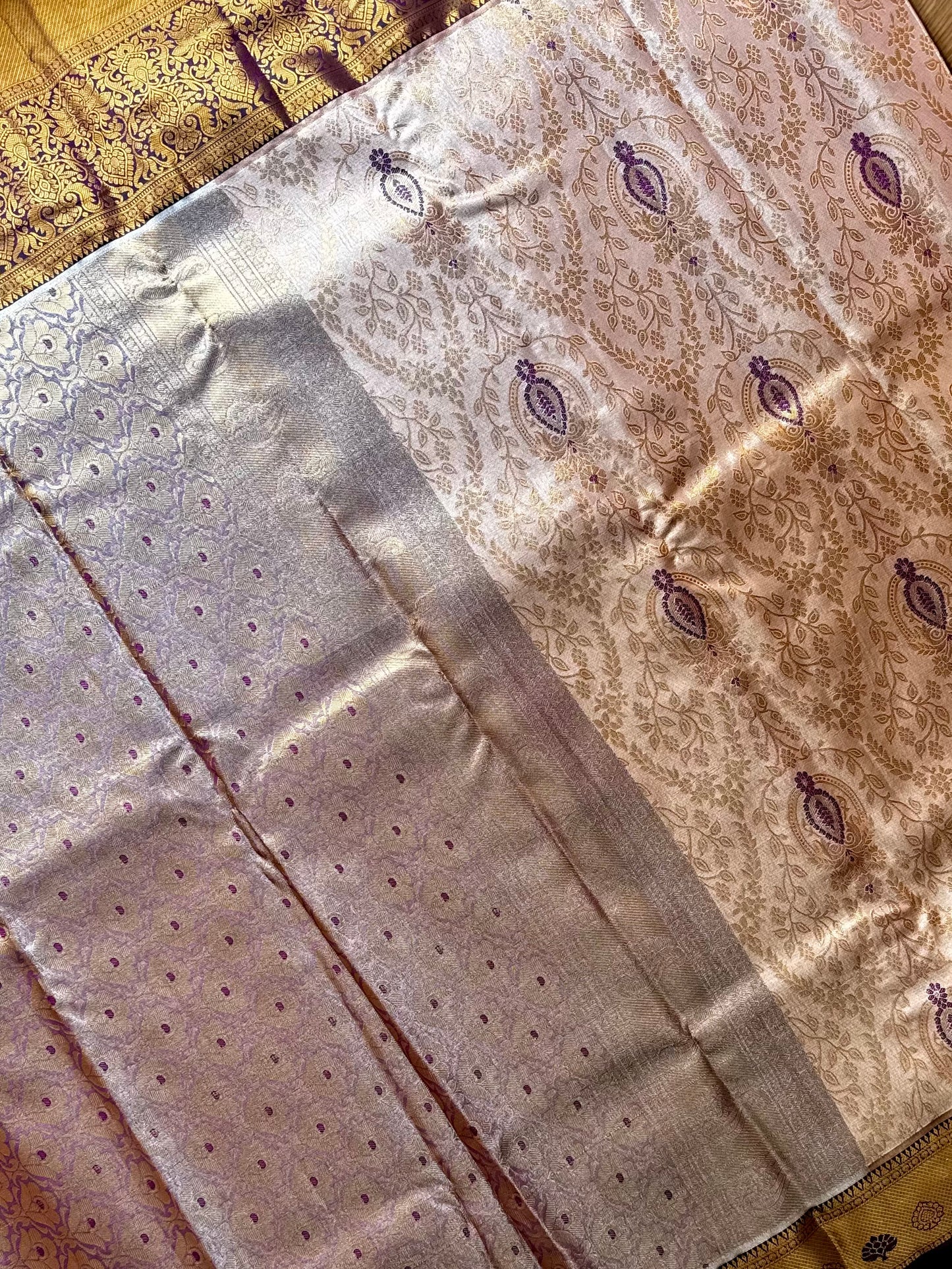 Sharvani - Champagne Gold & Violet Kanchipuram Silk Saree with Mughal Buttas