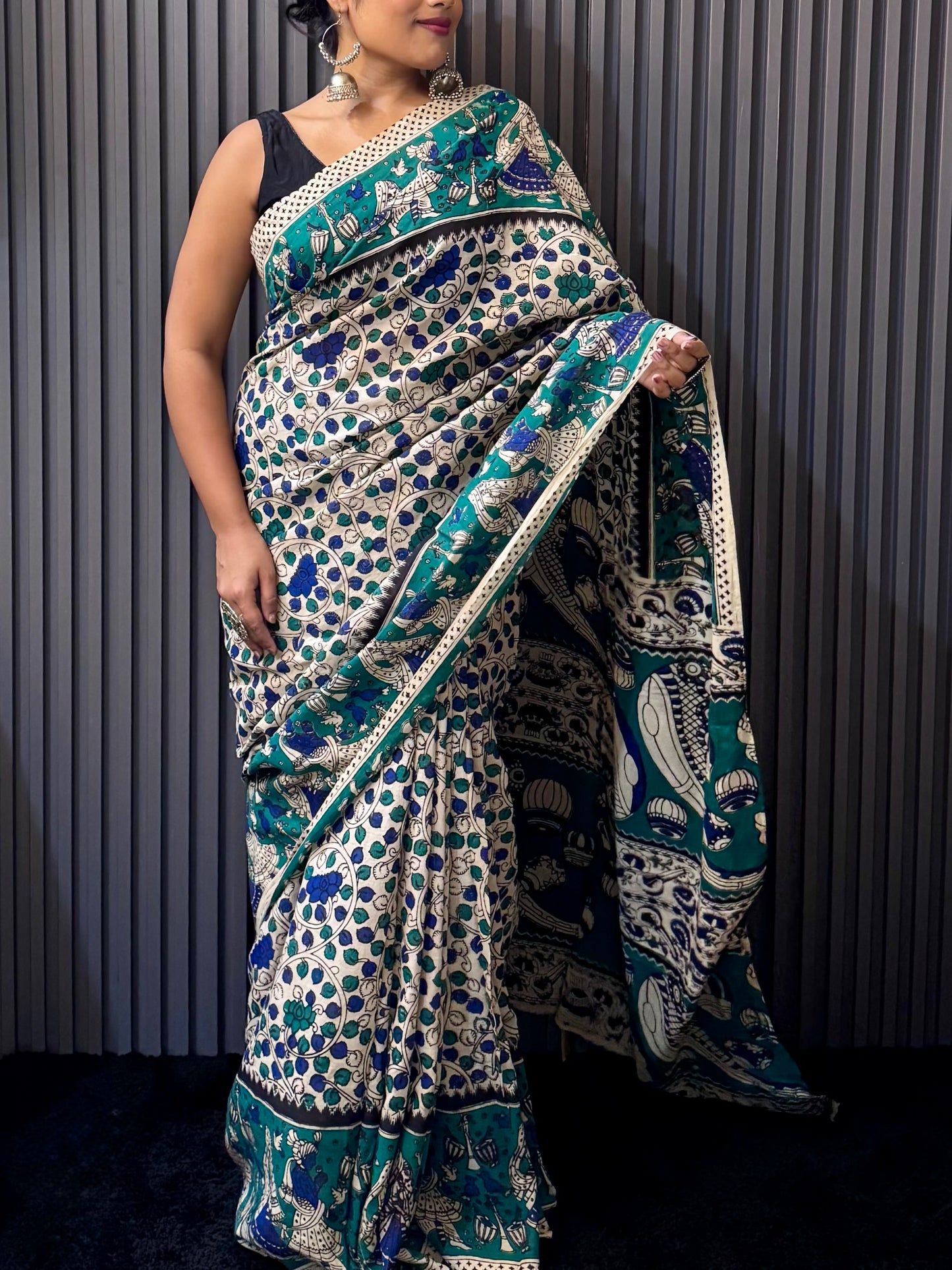 Raagini - Off-White & teal kalamkari mulmul cotton saree with Dance & Musical Motifs