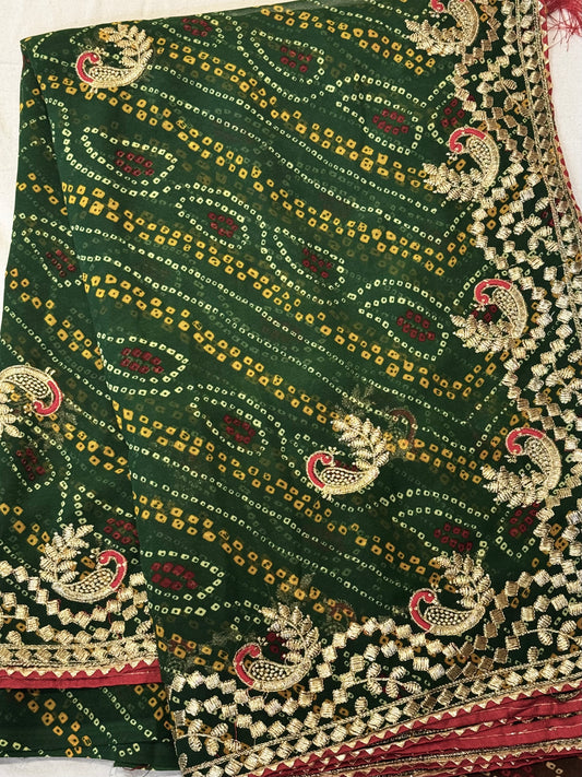 Kumkum – A Handcrafted Green Bandhani Saree with Gota Embroidery