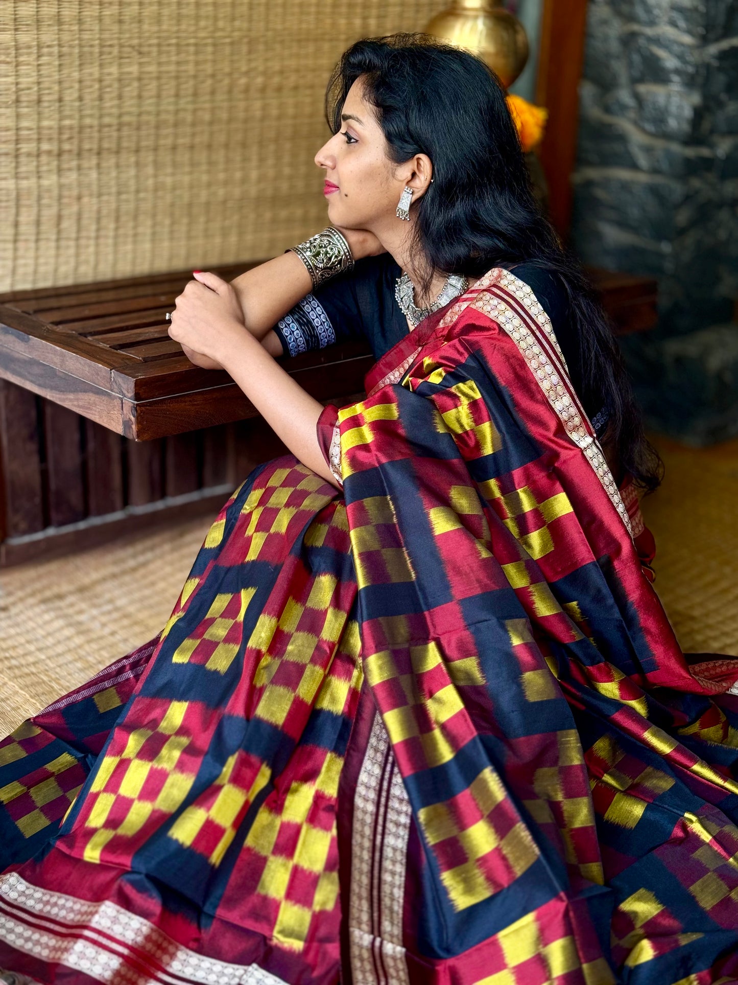 Chandrika - Maroon, Black & Mustard Yellow Pasapalli Sambalpuri Silk saree