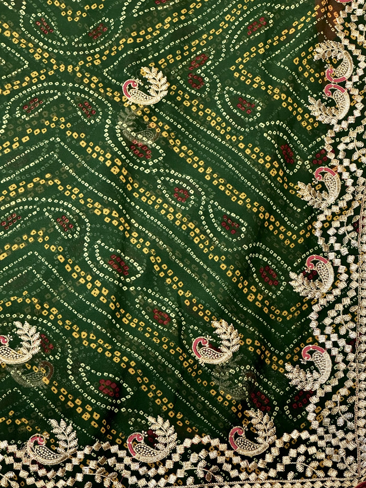 Kumkum – A Handcrafted Green Bandhani Saree with Gota Embroidery