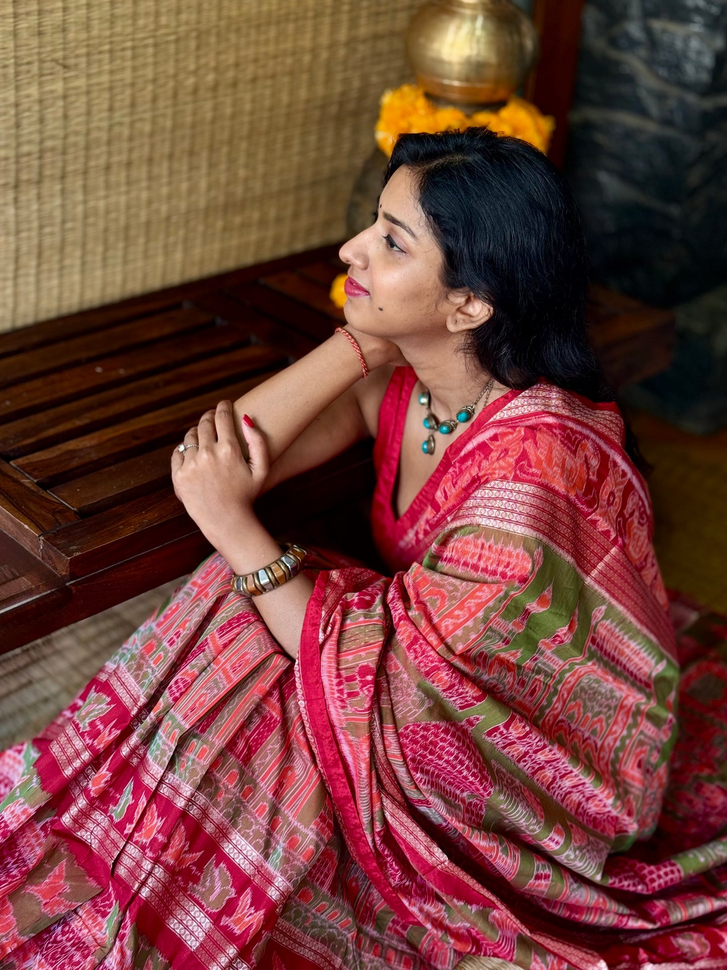 Kesariya - Red & Olive green Sambalpuri Silk-Cotton Saree