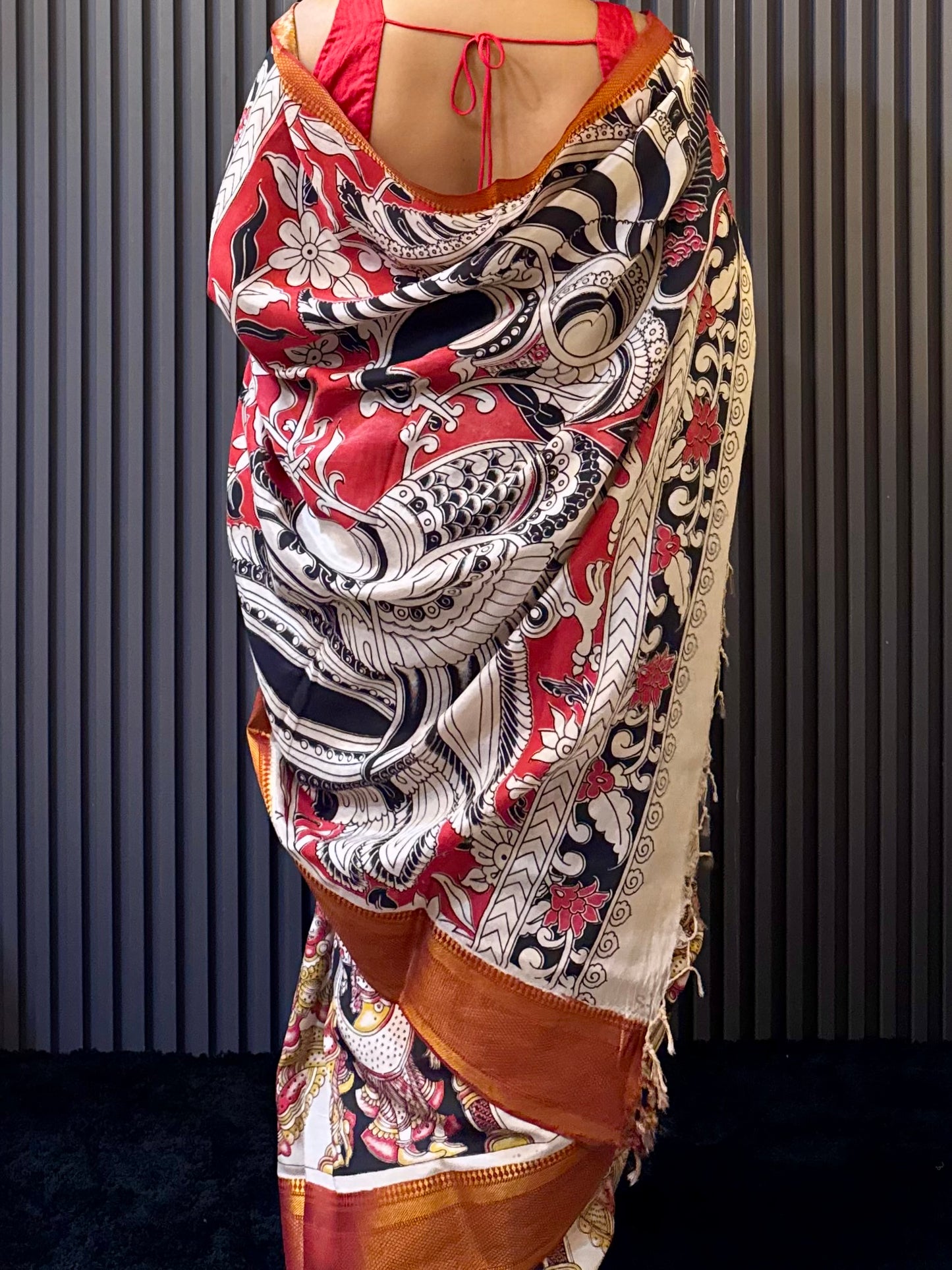 Kalika - Black Kalamkari silk saree with Deity & Peacock Motifs