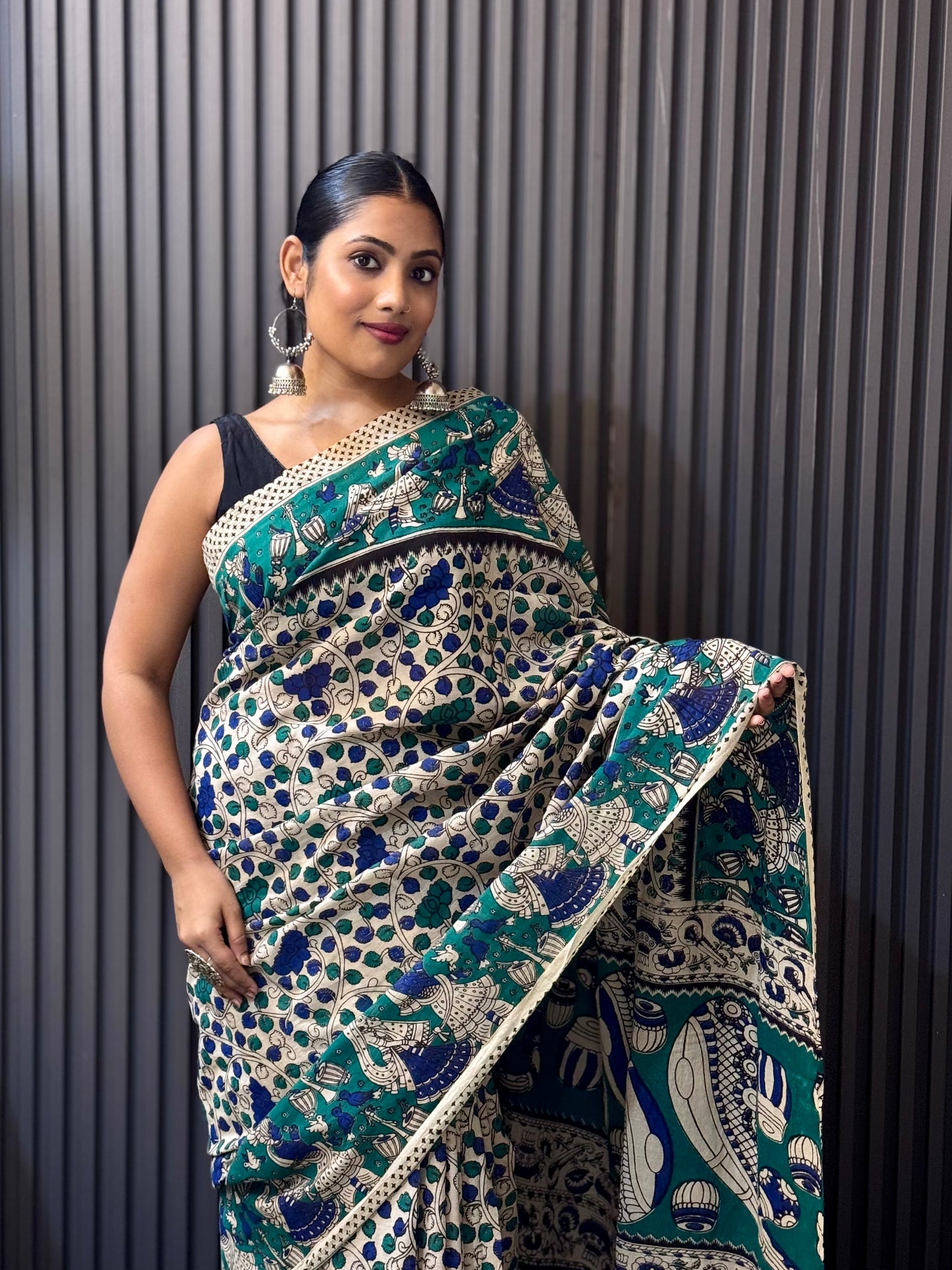 Raagini - Off-White & teal kalamkari mulmul cotton saree with Dance & Musical Motifs