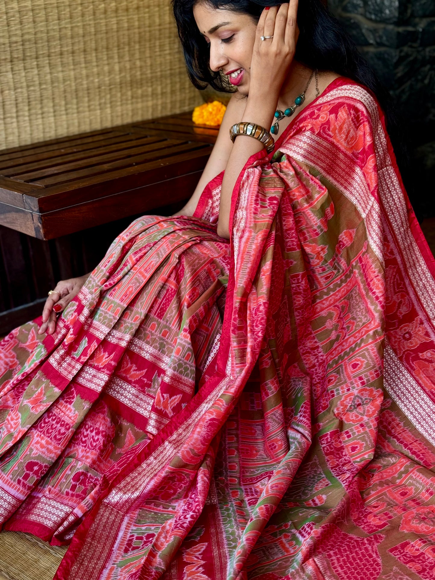 Kesariya - Red & Olive green Sambalpuri Silk-Cotton Saree