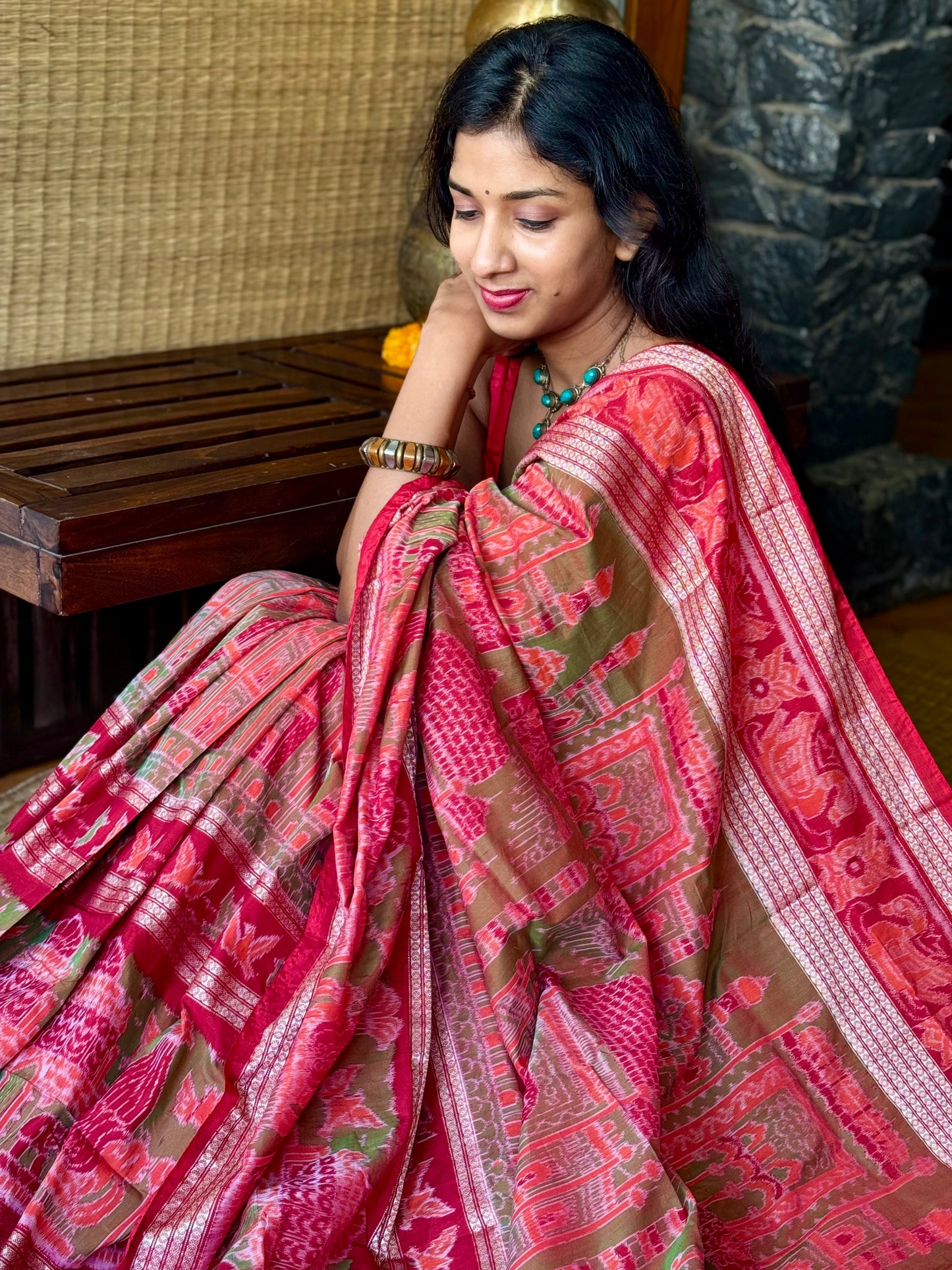 Kesariya - Red & Olive green Sambalpuri Silk-Cotton Saree