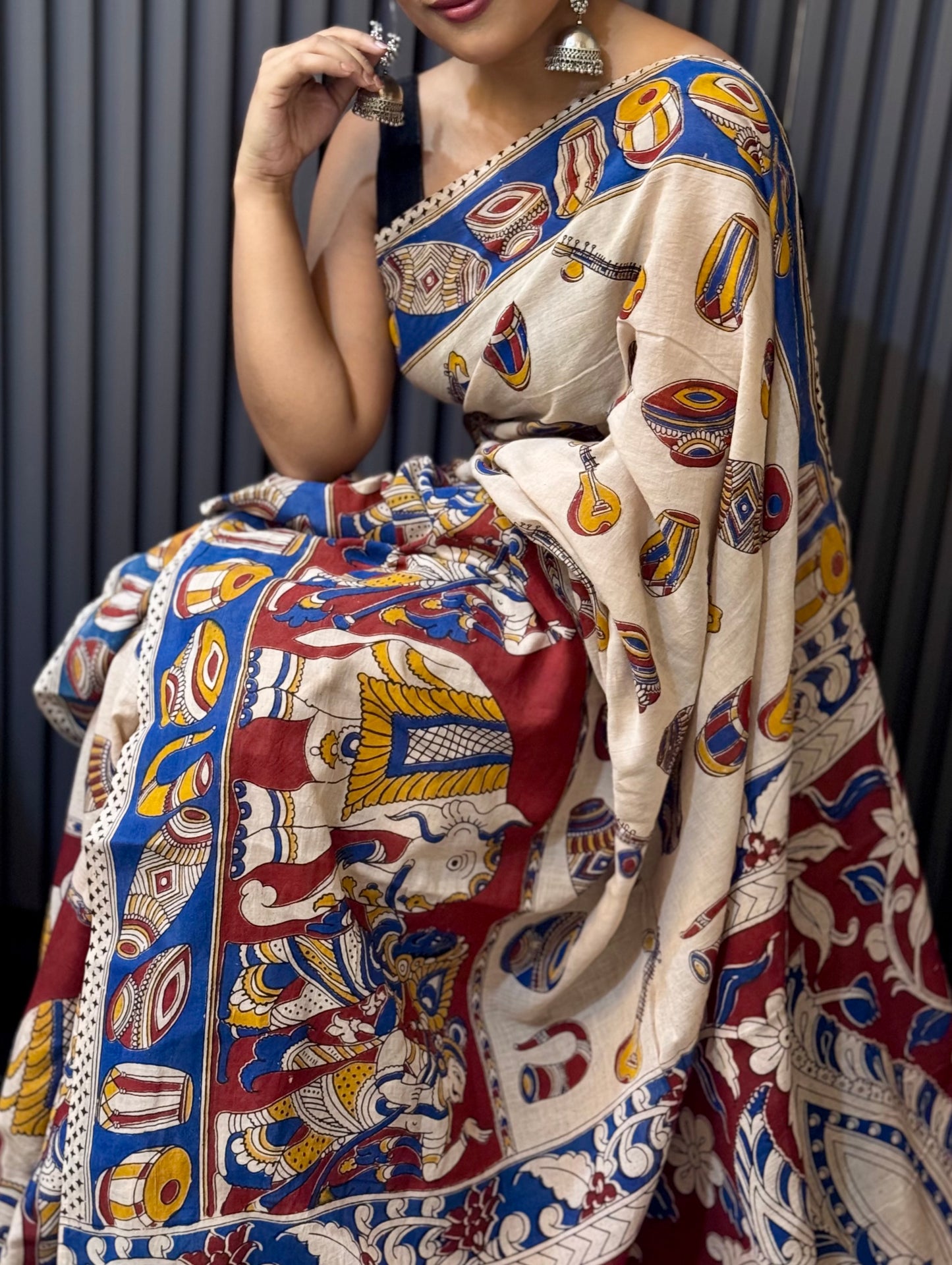 Swarangi - Cream Kalamkari mulmul cotton saree with Musical & Mythological Motifs