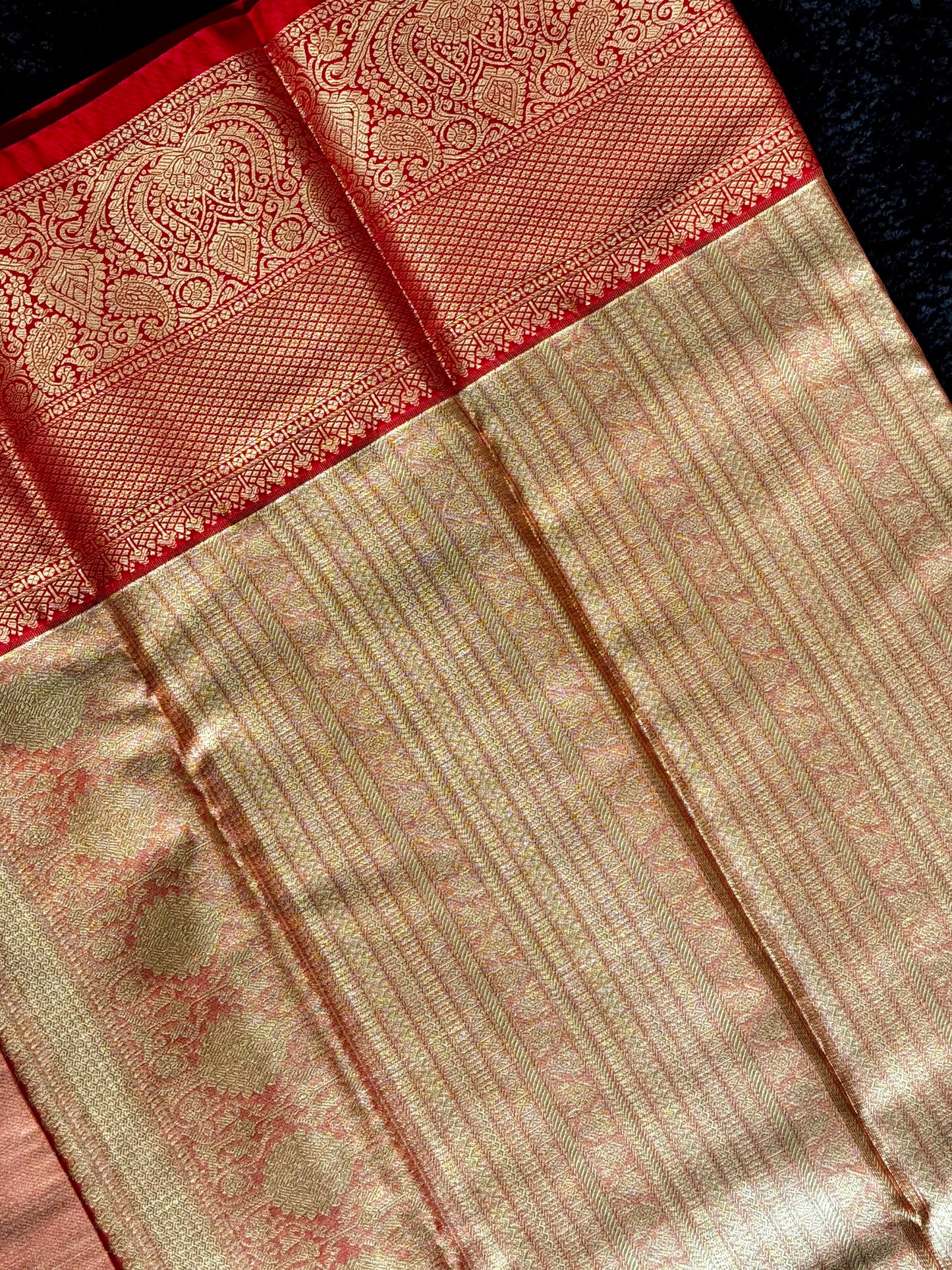 Ishita - Mint Green & Vermilion Red Kanchipuram Silk Saree with Paisley Jaal
