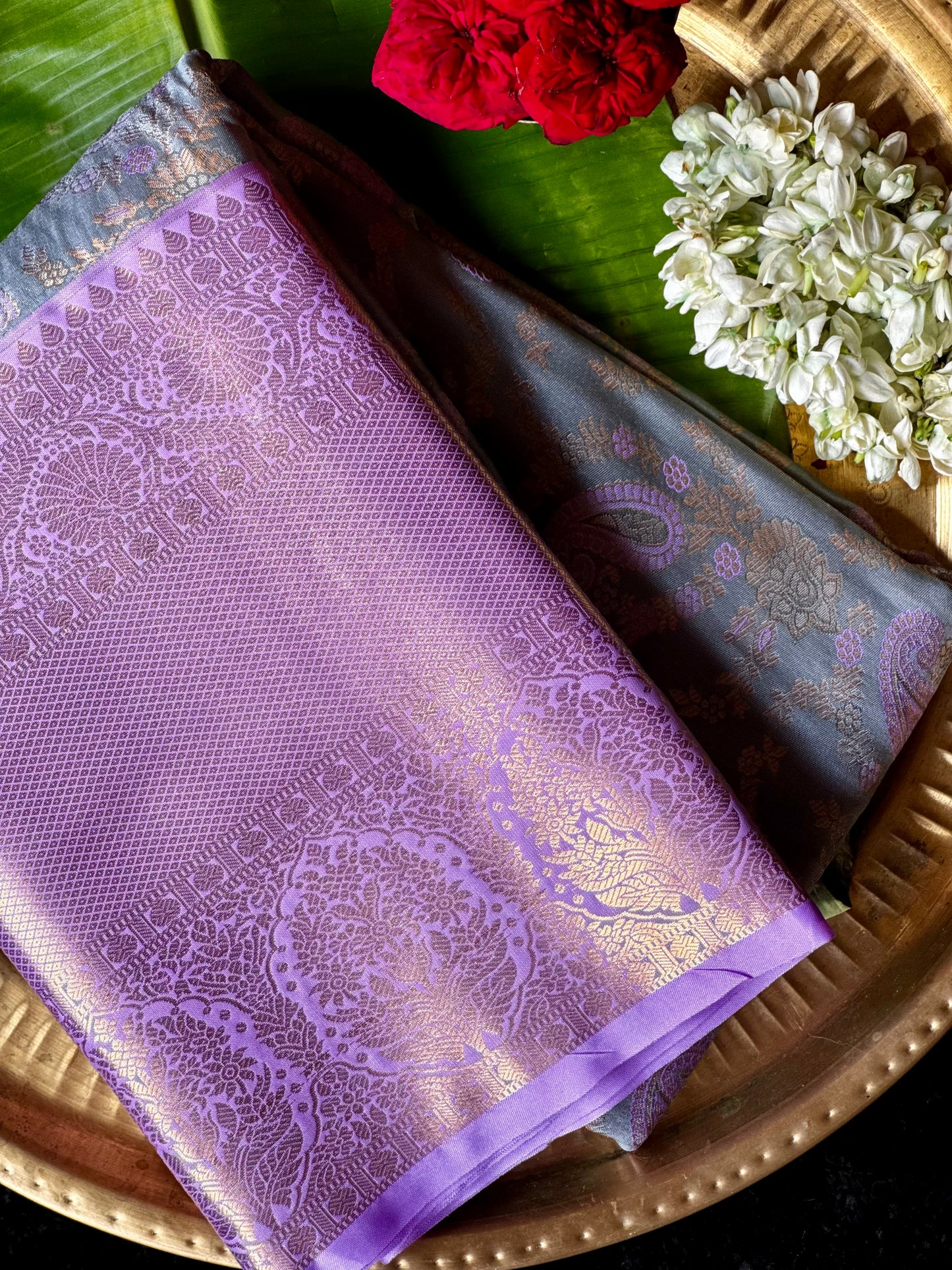 Lilam - Lilac Gold Kanjeevaram Silk Saree with Paisley and Floral Motifs