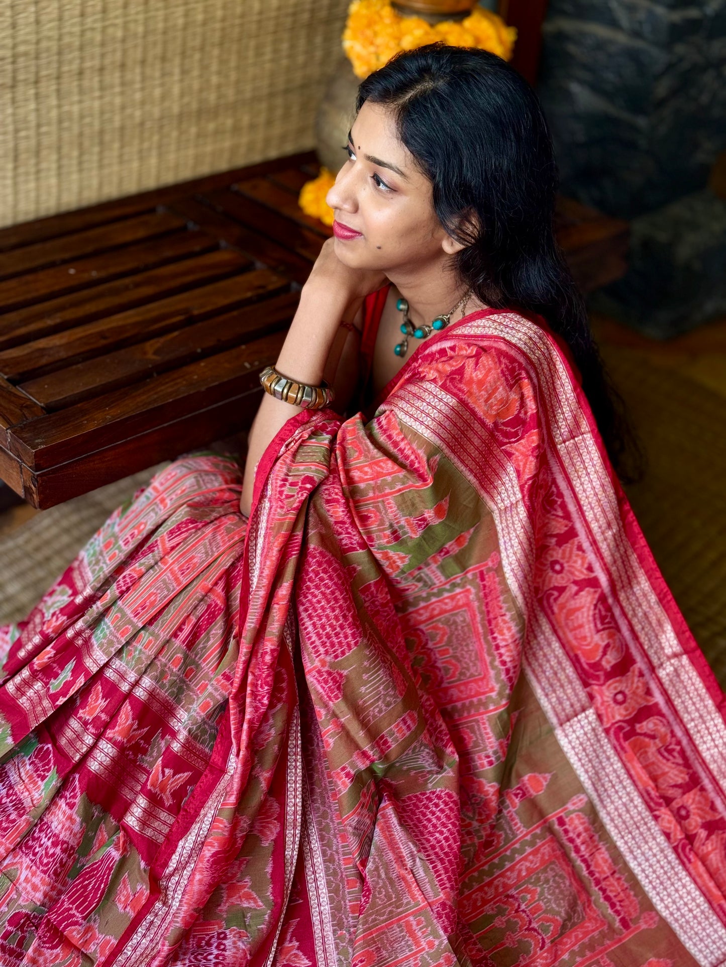 Kesariya - Red & Olive green Sambalpuri Silk-Cotton Saree