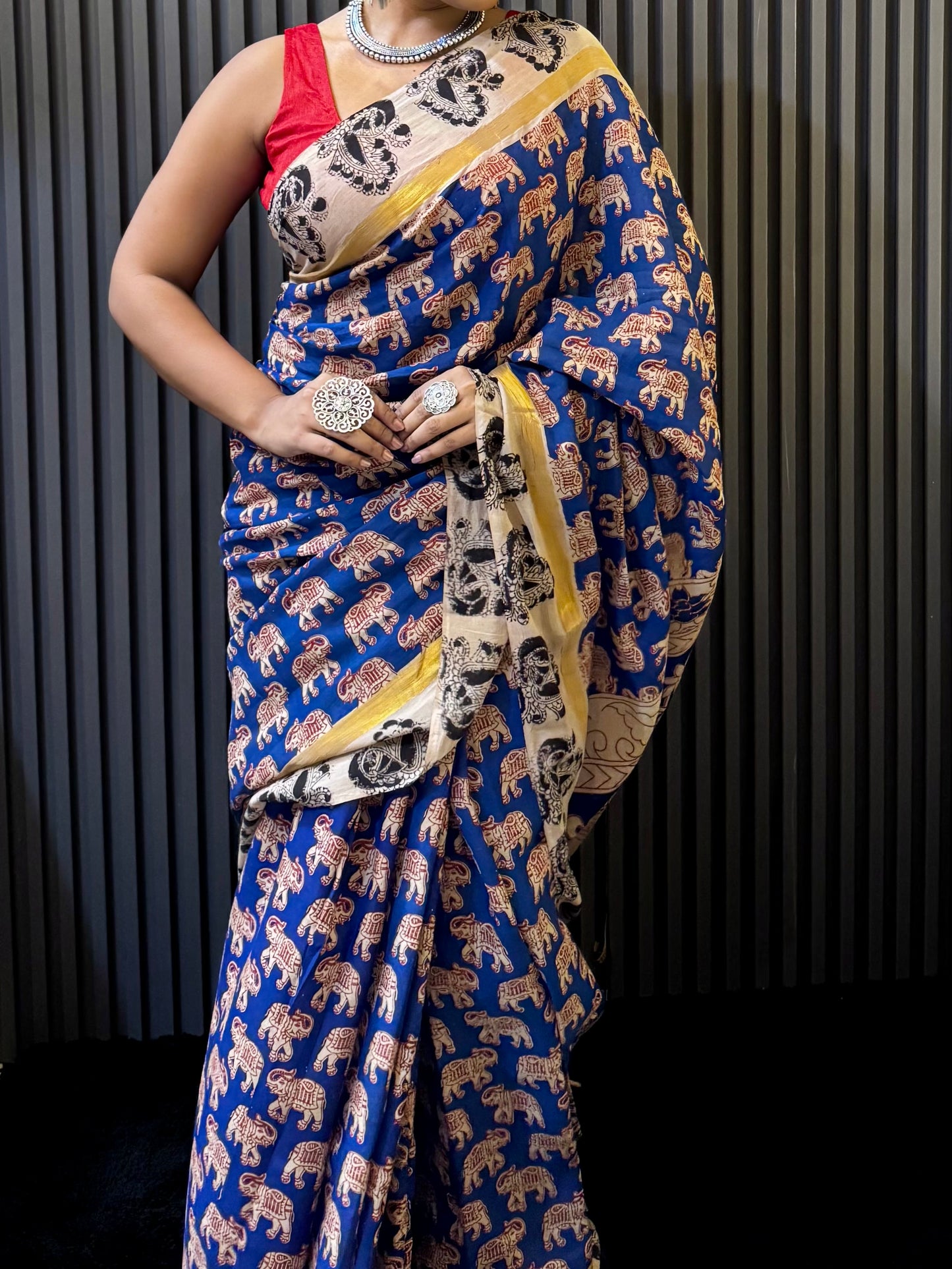 Hastika - Royal Blue Kalamkari silk saree with Elephant & Peacock Motifs