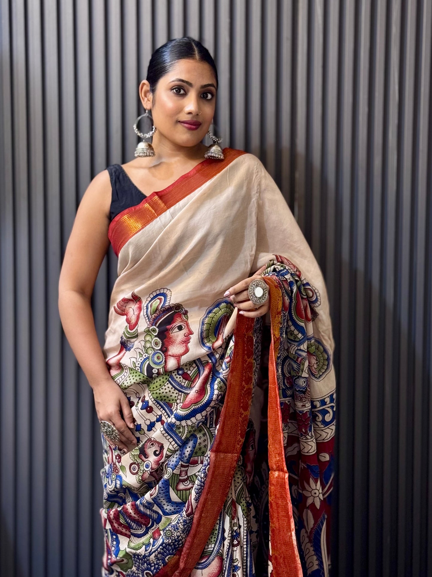 Ira - Beige kalamkari silk saree with Mythological & Peacock Motifs