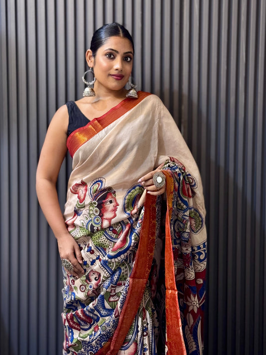 Ira - Beige kalamkari silk saree with Mythological & Peacock Motifs