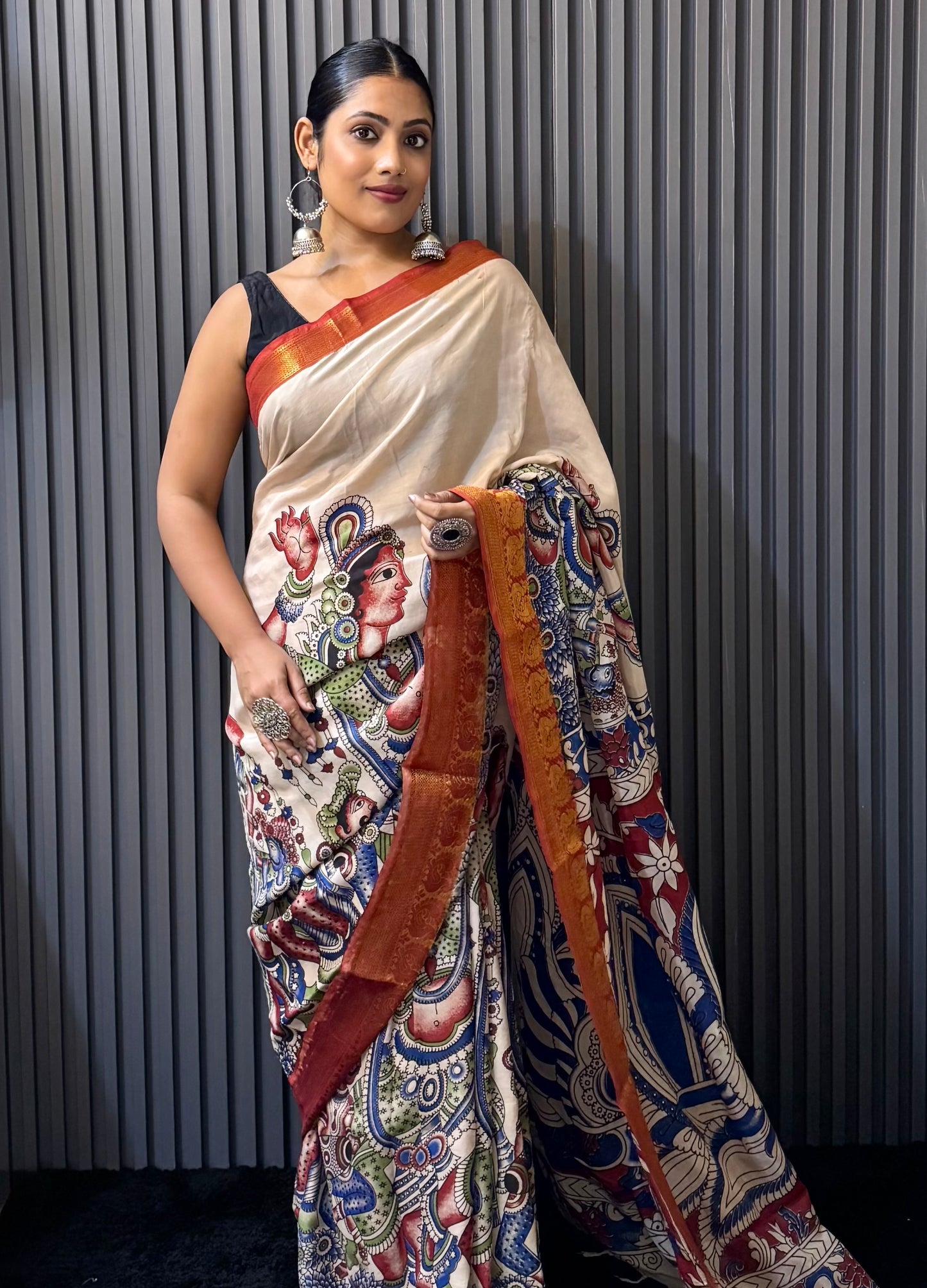 Ira - Beige kalamkari silk saree with Mythological & Peacock Motifs