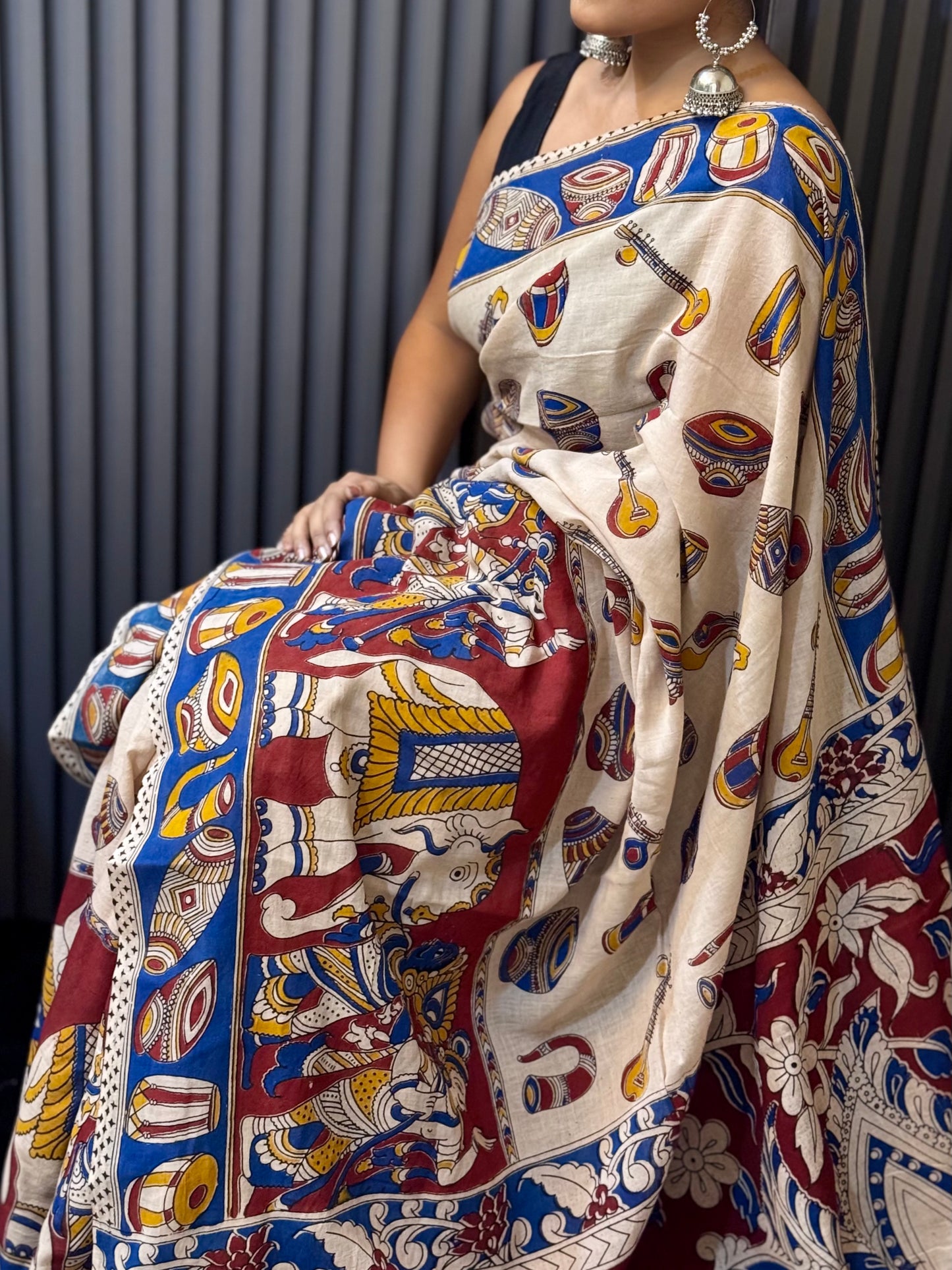 Swarangi - Cream Kalamkari mulmul cotton saree with Musical & Mythological Motifs