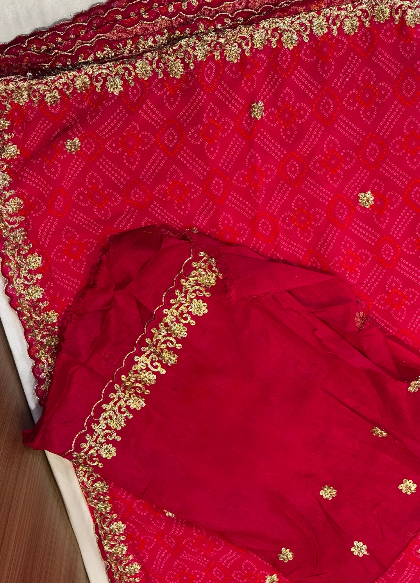 Ruhani – A Deep Pink Bandhani Saree with Gota Lace Border