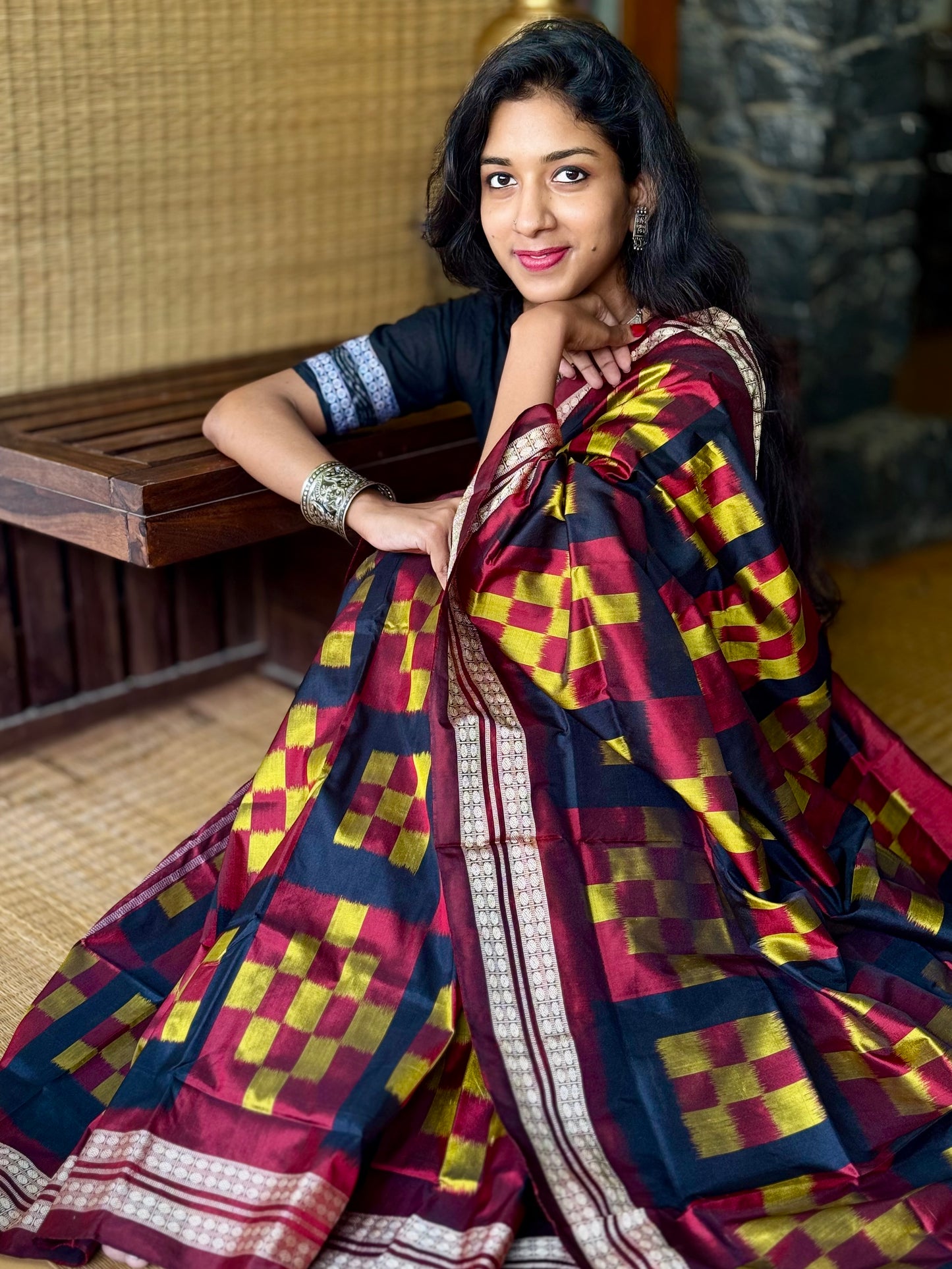Chandrika - Maroon, Black & Mustard Yellow Pasapalli Sambalpuri Silk saree