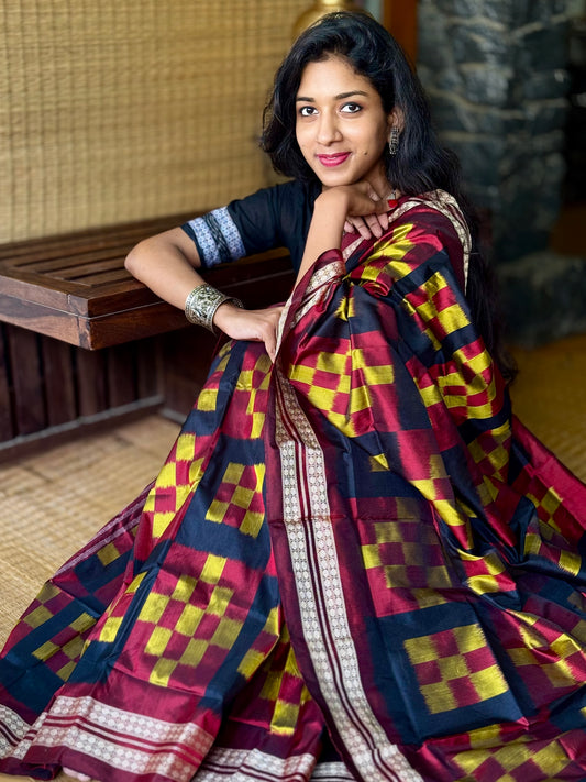 Chandrika - Maroon, Black & Mustard Yellow Pasapalli Sambalpuri Silk saree