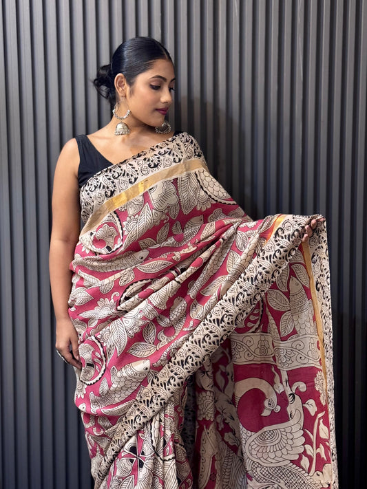 Mayurkatha - Soft Pink Kalamkari silk saree with Peacock & Fish Motifs
