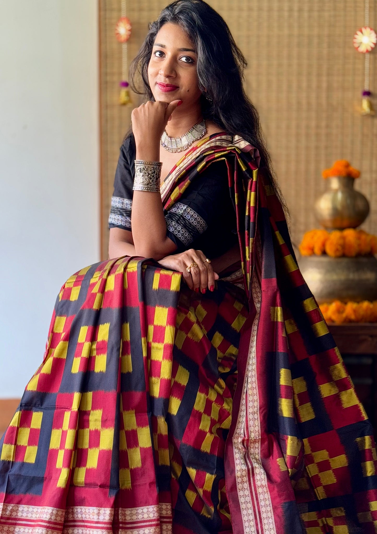 Chandrika - Maroon, Black & Mustard Yellow Pasapalli Sambalpuri Silk saree