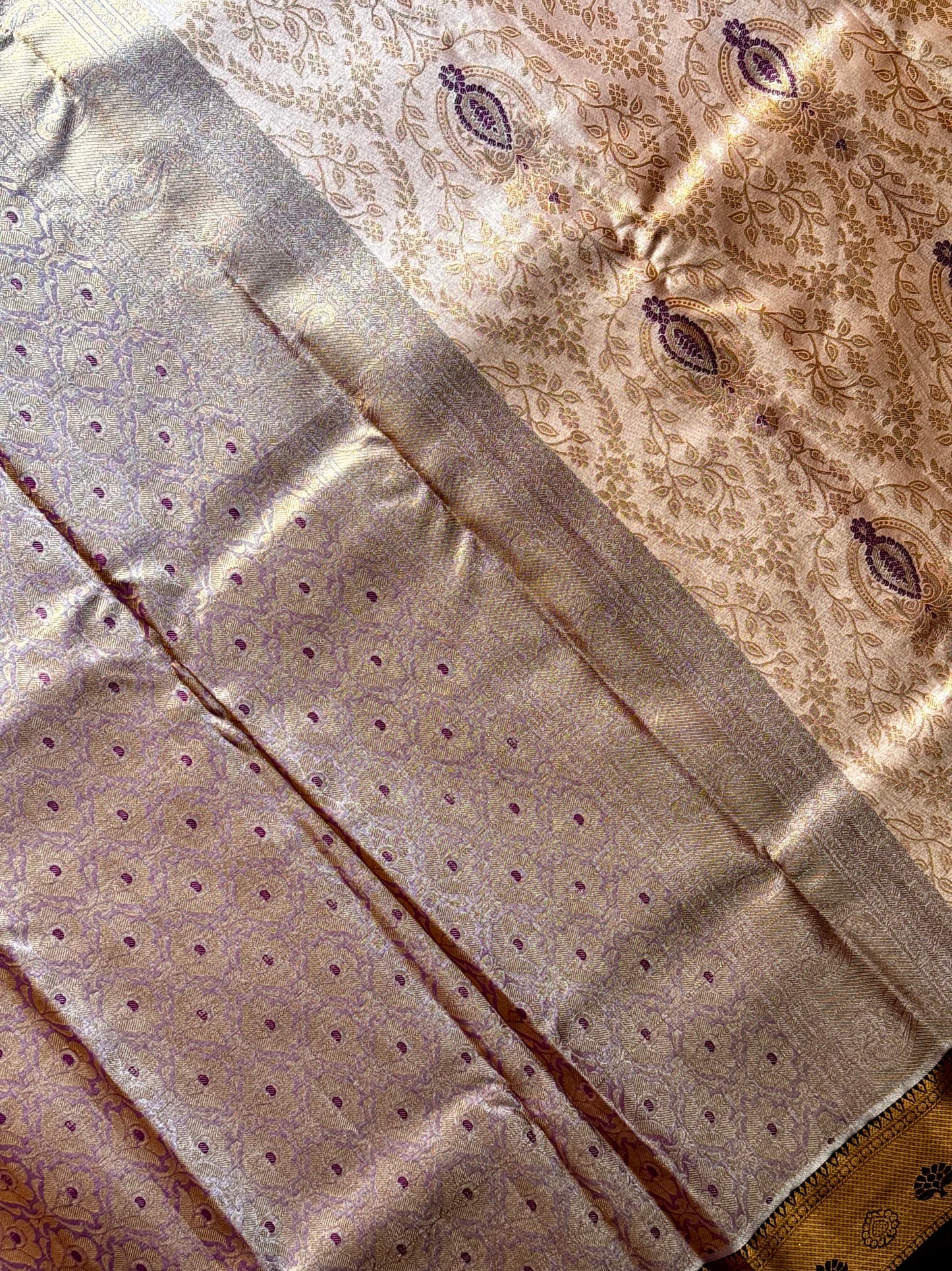 Sharvani - Champagne Gold & Violet Kanchipuram Silk Saree with Mughal Buttas