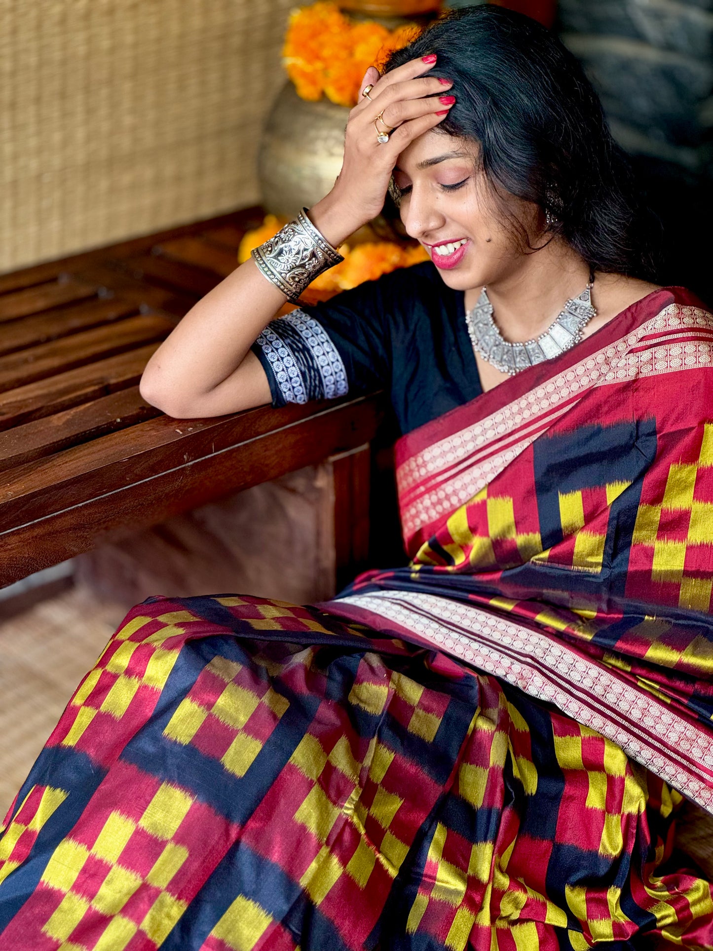 Chandrika - Maroon, Black & Mustard Yellow Pasapalli Sambalpuri Silk saree