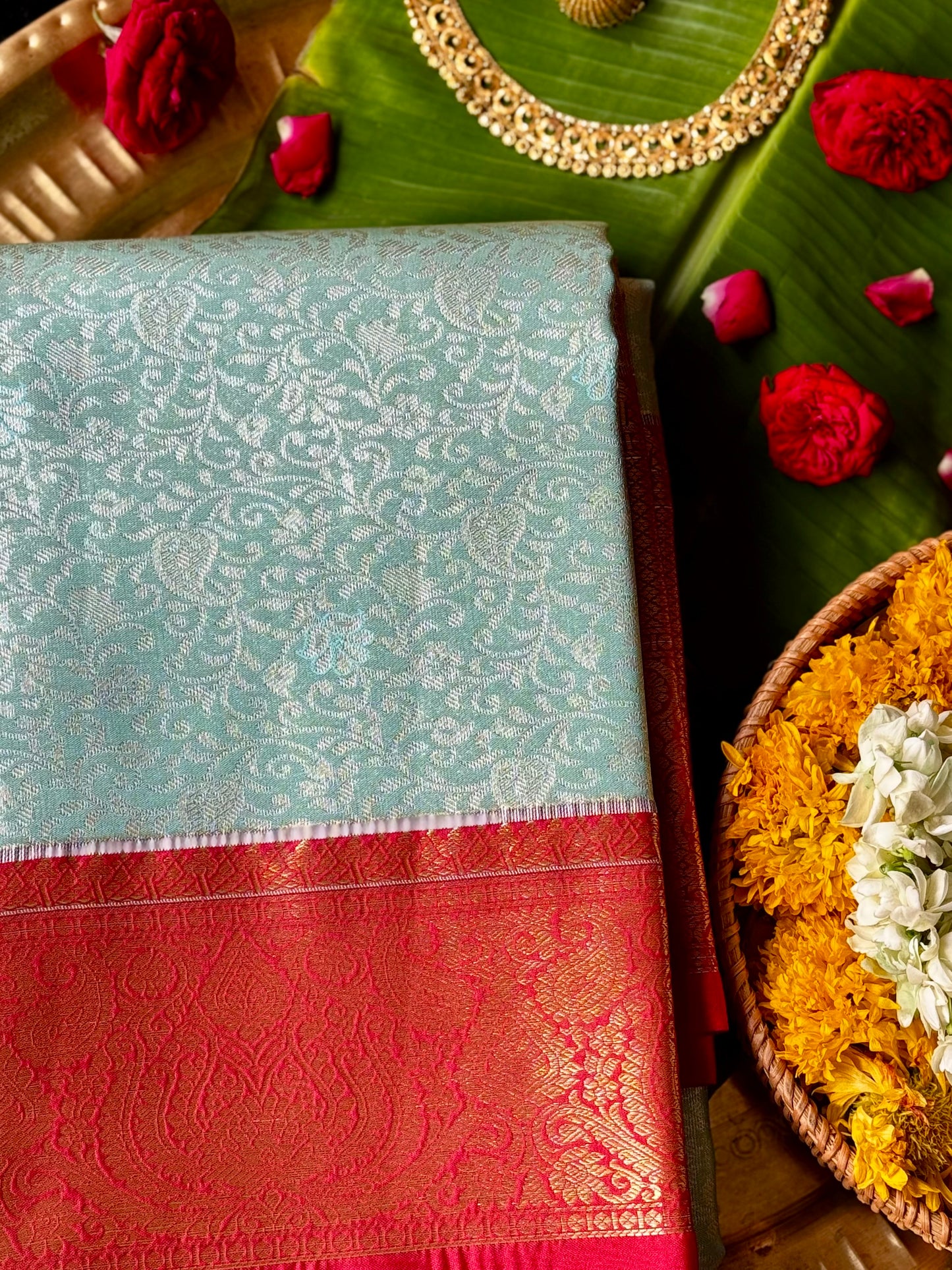 Ishita - Mint Green & Vermilion Red Kanchipuram Silk Saree with Paisley Jaal