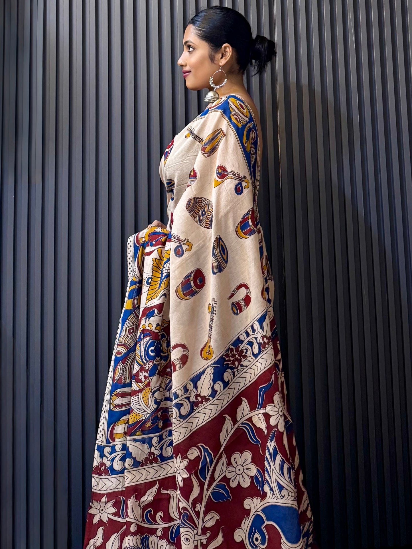 Swarangi - Cream Kalamkari mulmul cotton saree with Musical & Mythological Motifs