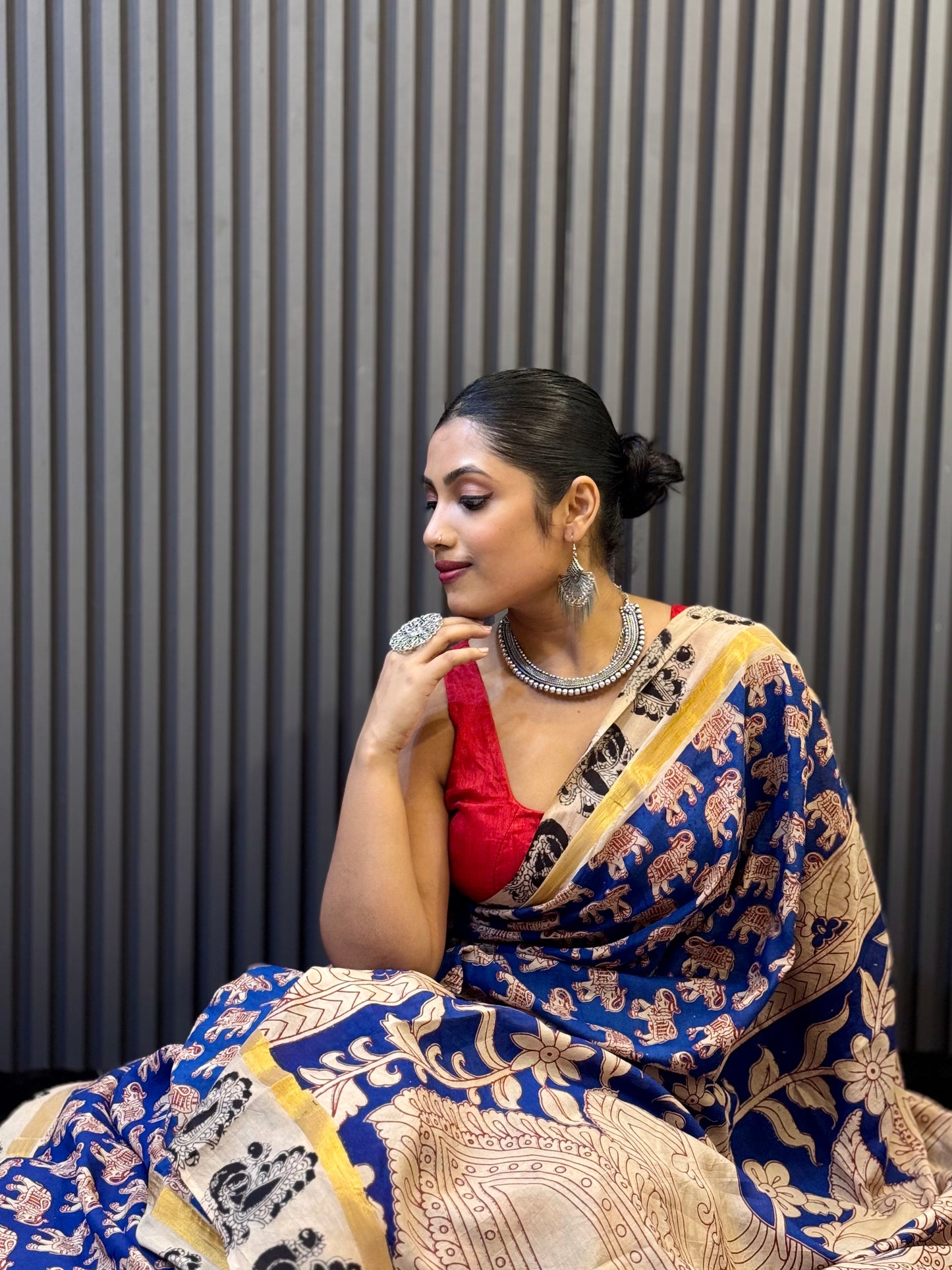 Hastika - Royal Blue Kalamkari silk saree with Elephant & Peacock Motifs