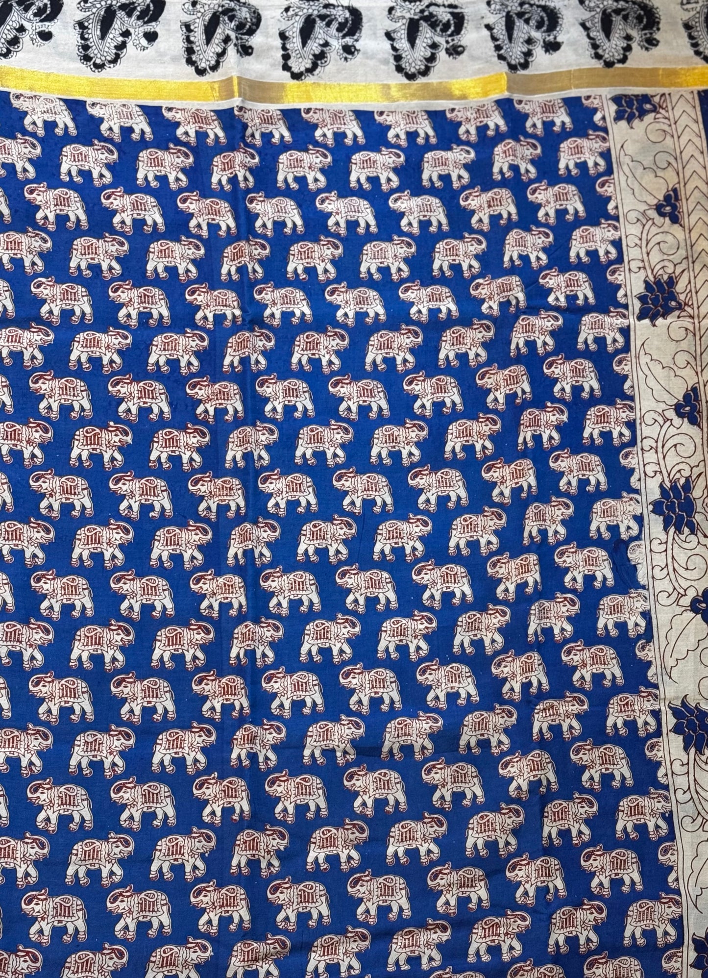 Hastika - Royal Blue Kalamkari silk saree with Elephant & Peacock Motifs