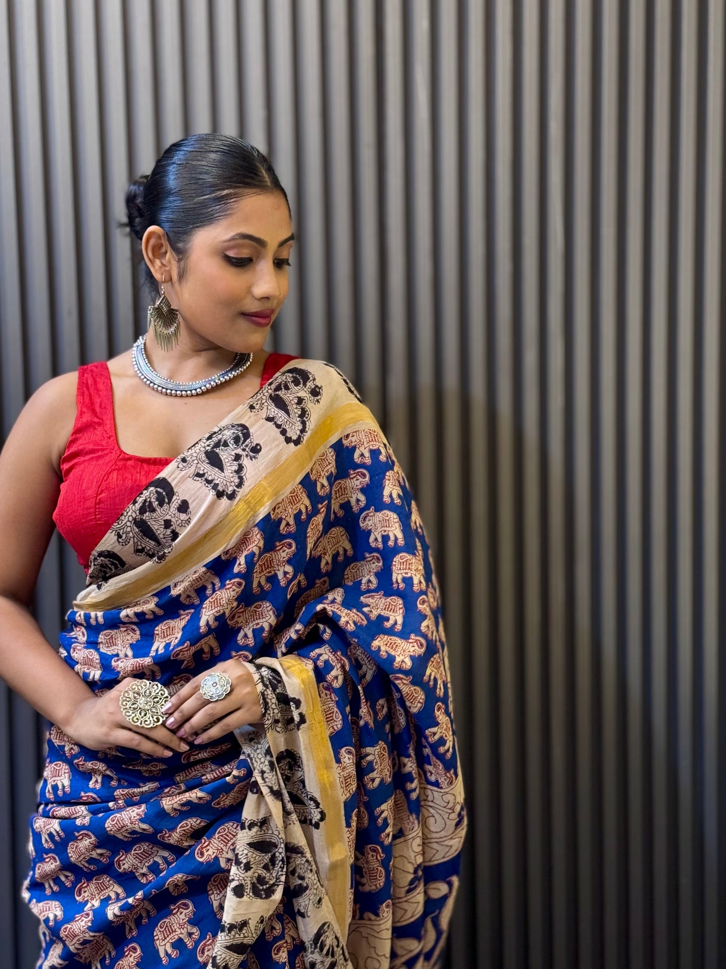 Hastika - Royal Blue Kalamkari silk saree with Elephant & Peacock Motifs