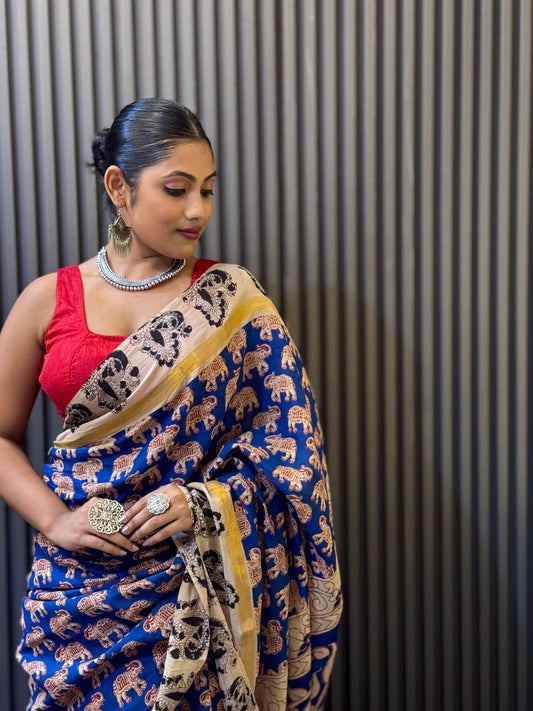 Hastika - Royal Blue Kalamkari silk saree with Elephant & Peacock Motifs