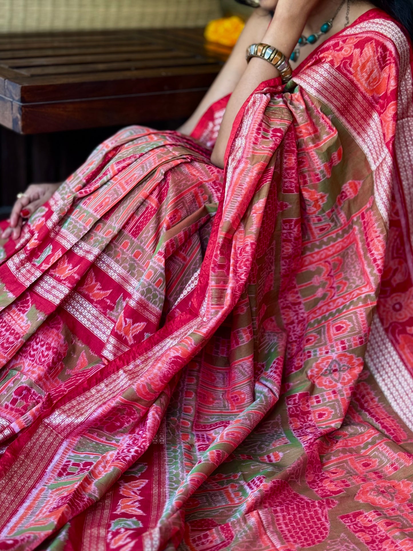 Kesariya - Red & Olive green Sambalpuri Silk-Cotton Saree