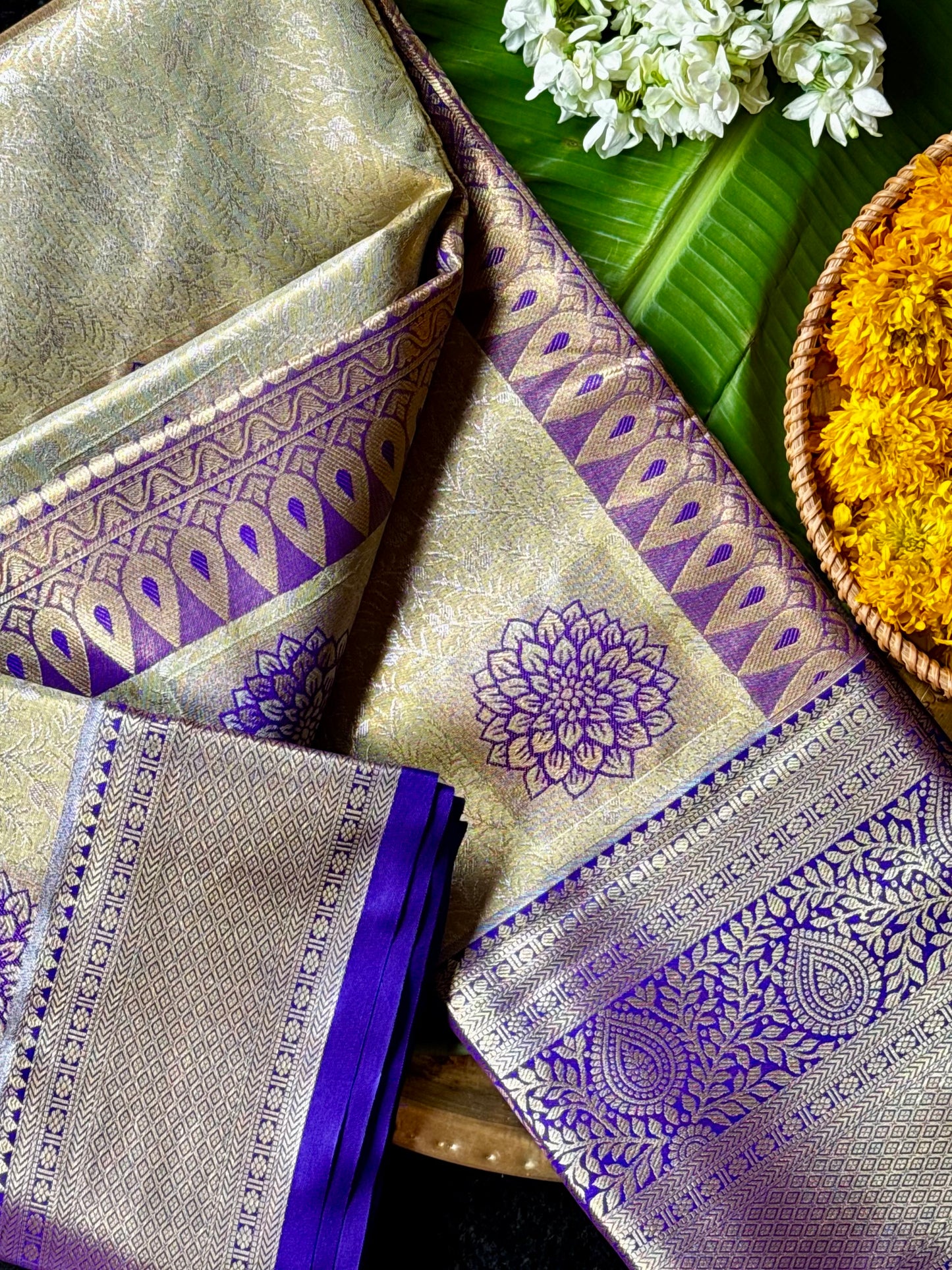 Induja - Royal Lavender & Gold Kanchipuram Silk Saree with Lotus Buttas