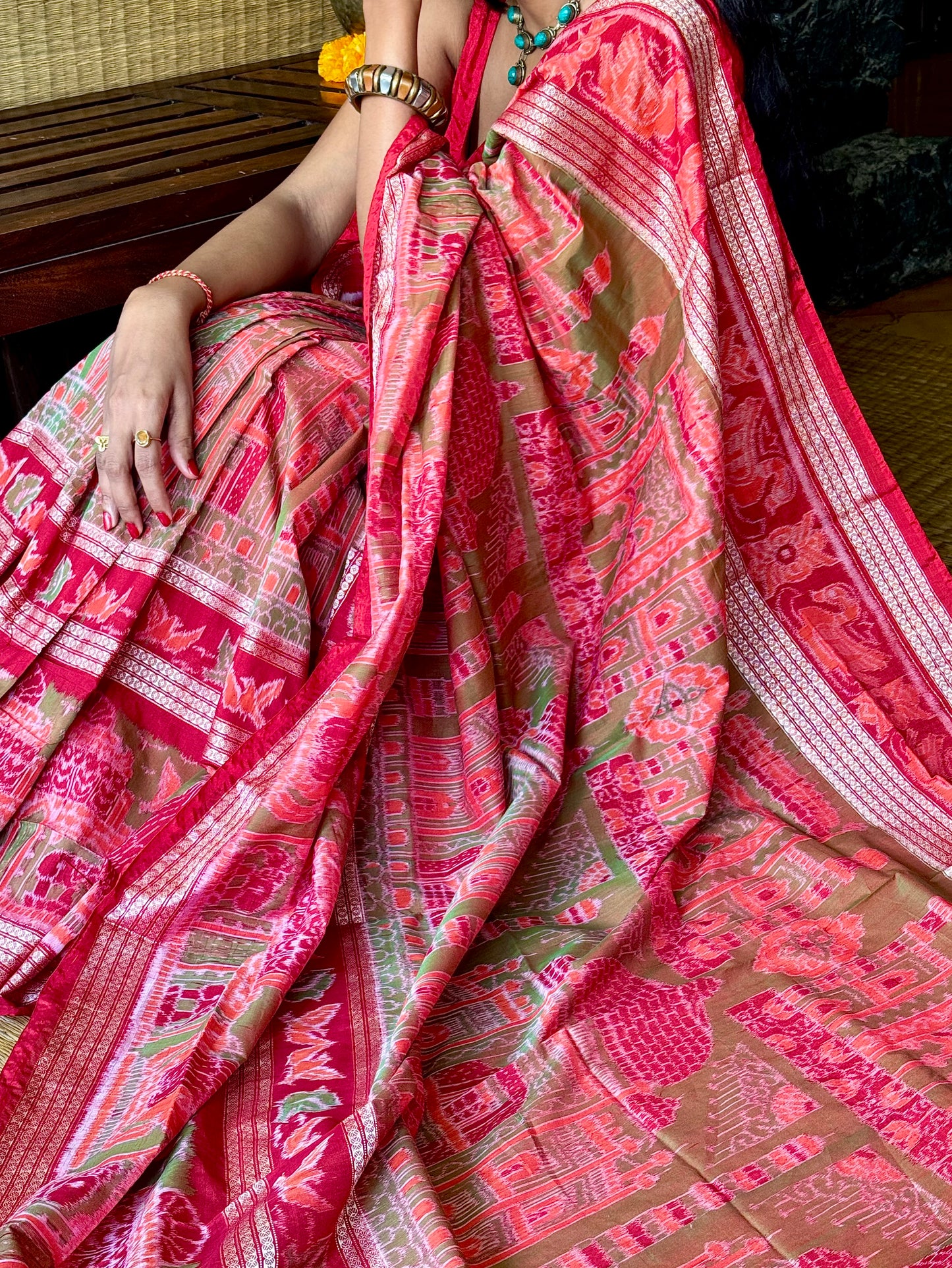 Kesariya - Red & Olive green Sambalpuri Silk-Cotton Saree