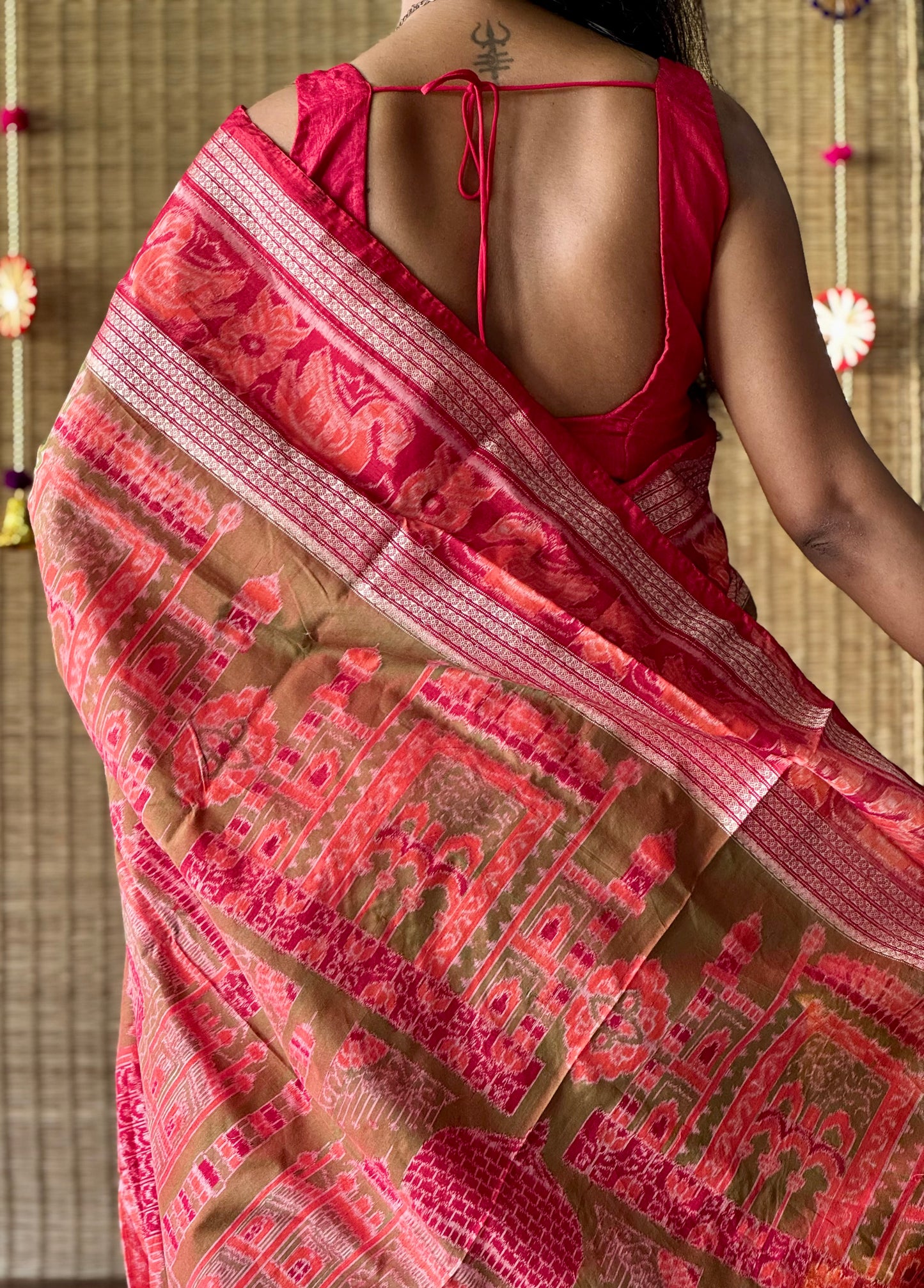 Kesariya - Red & Olive green Sambalpuri Silk-Cotton Saree