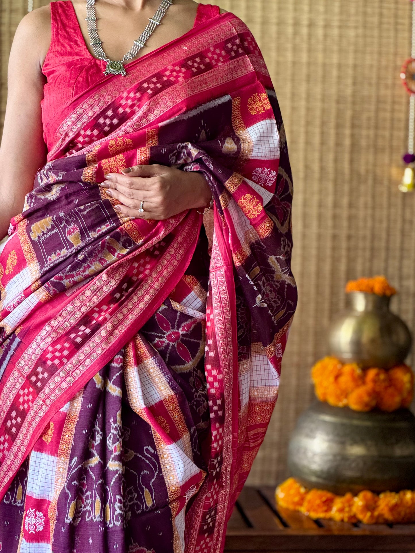 Rajasi - Plum & Crimson Red Sambalpuri Cotton Saree