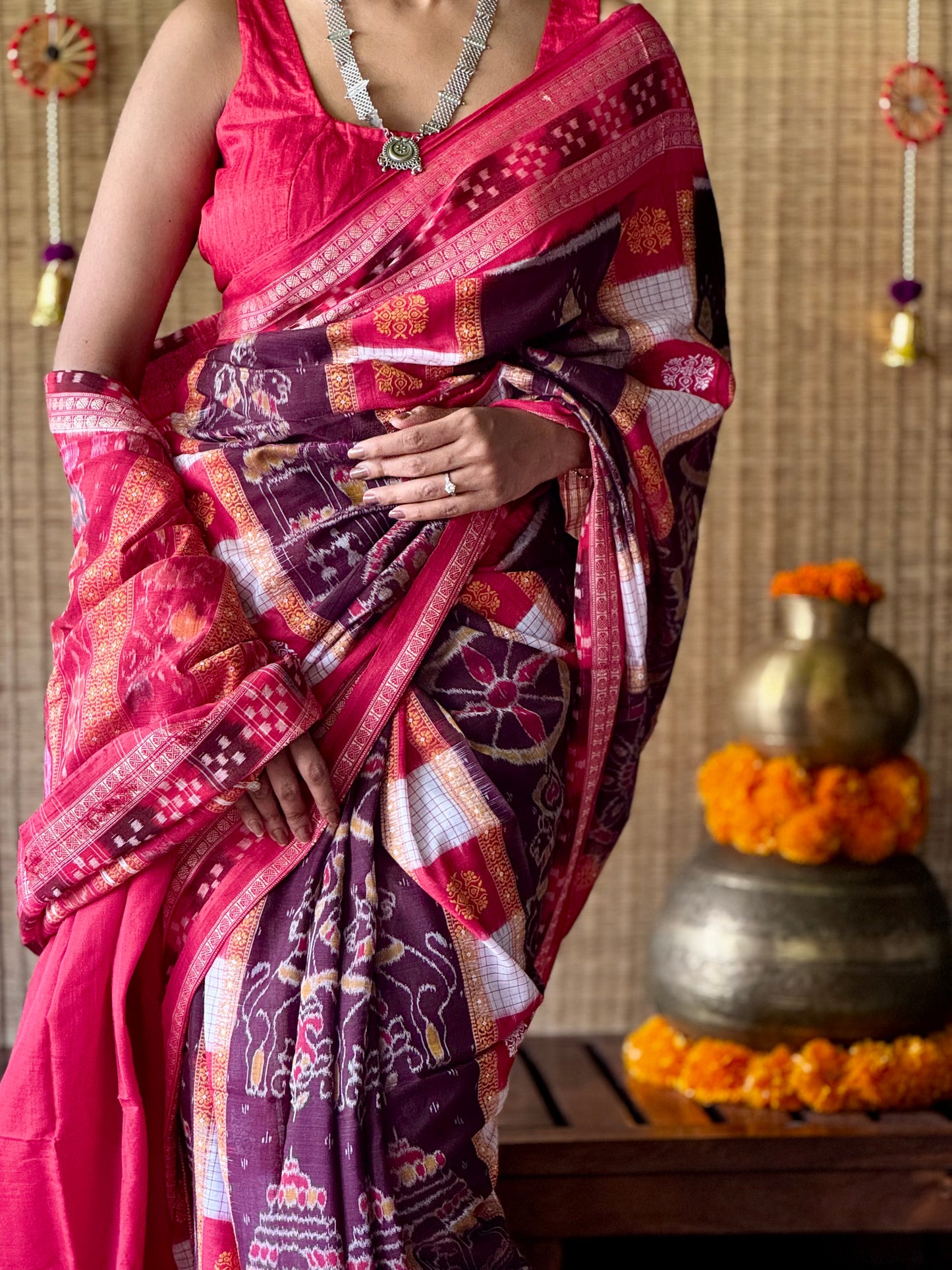 Rajasi - Plum & Crimson Red Sambalpuri Cotton Saree