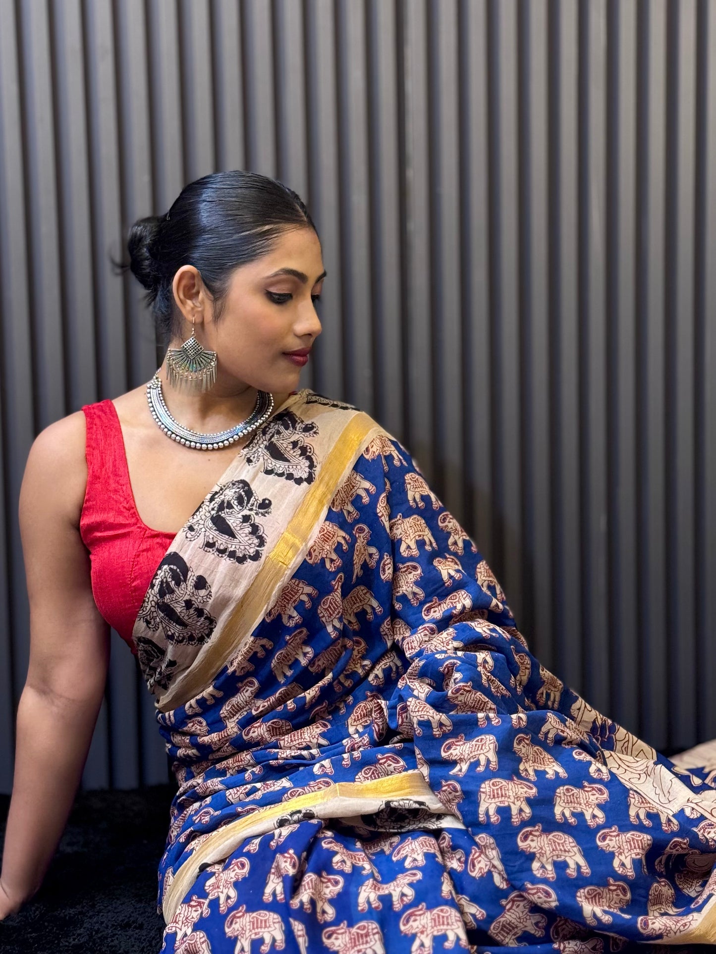Hastika - Royal Blue Kalamkari silk saree with Elephant & Peacock Motifs