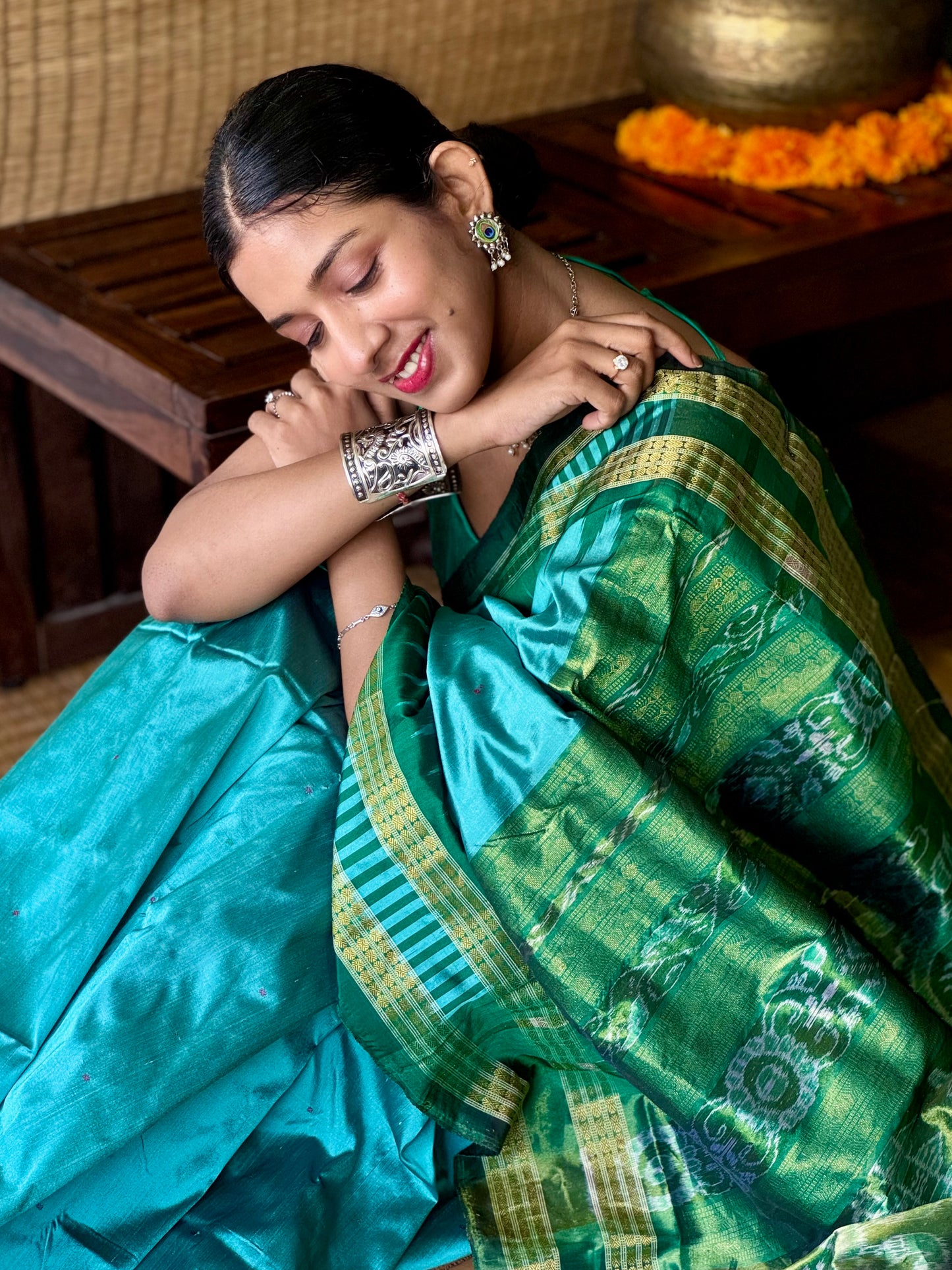Mayuri - Sea Green & Emerald Green Sambalpuri Bomkai Silk saree