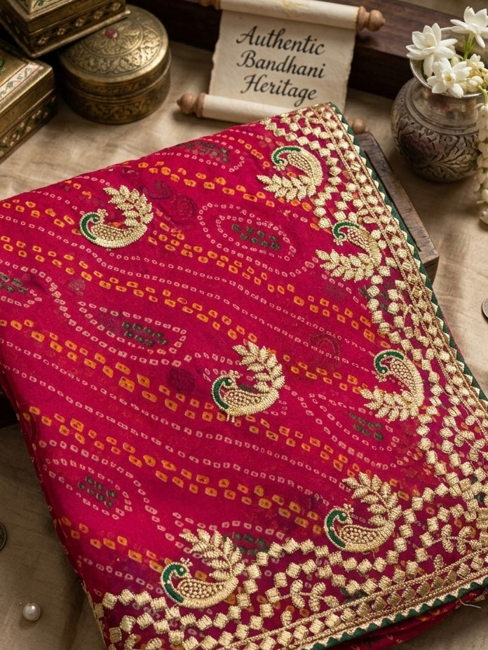 Kumkum – A Handcrafted Green Bandhani Saree with Gota Embroidery