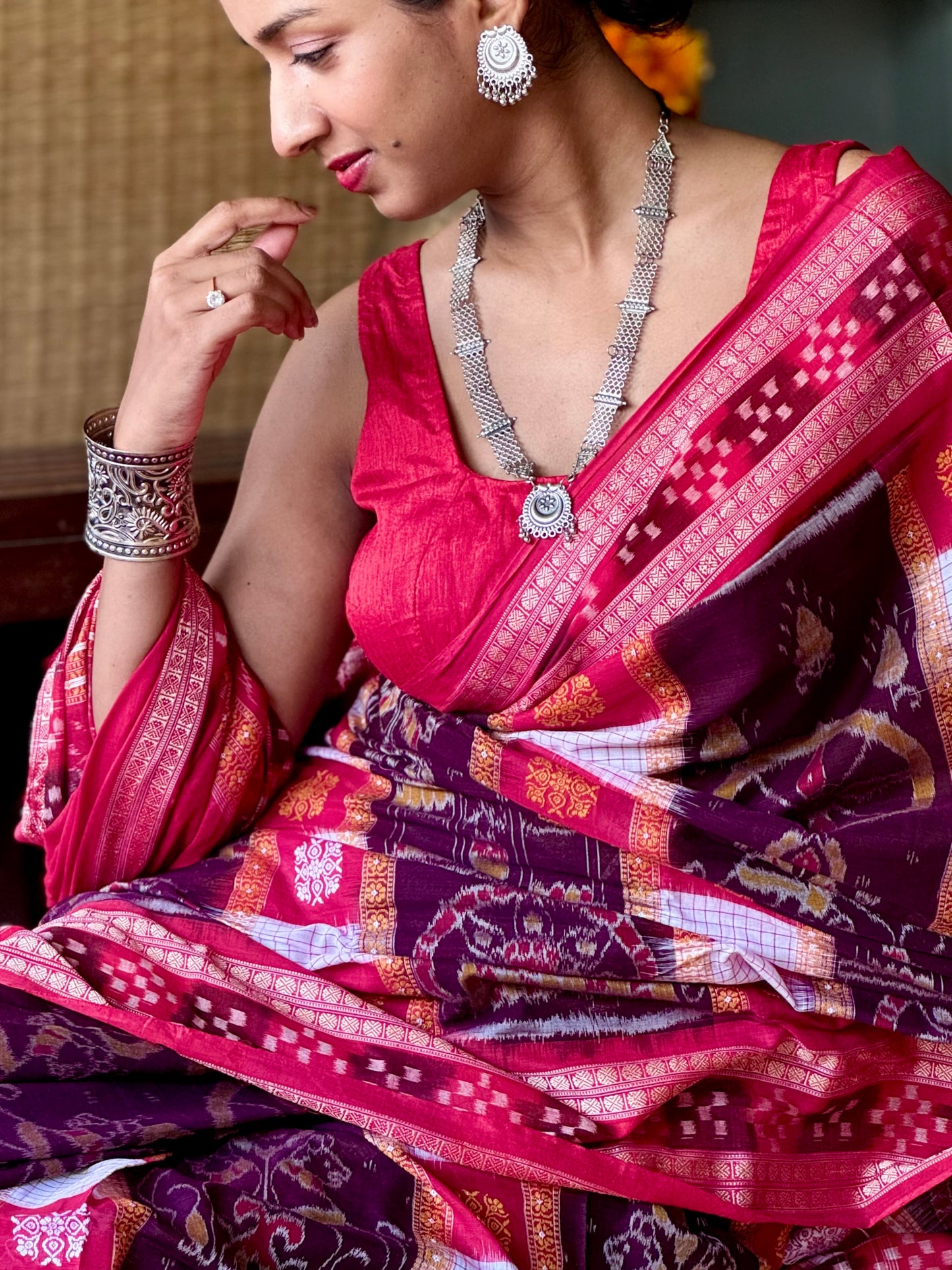 Rajasi - Plum & Crimson Red Sambalpuri Cotton Saree