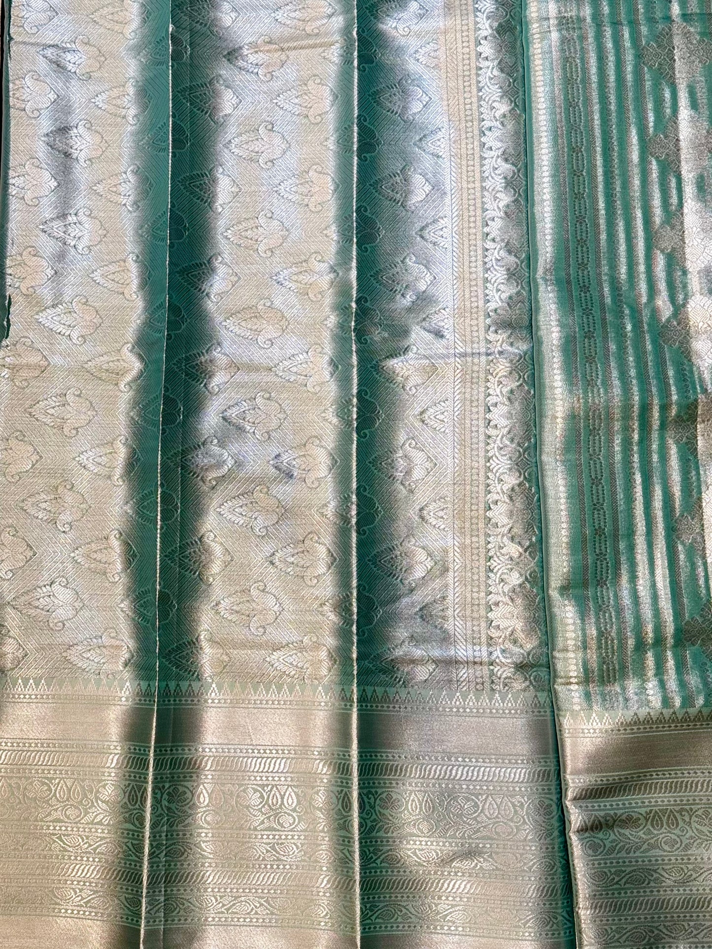 Varnika – Mint Silver Self-Woven Kanjeevaram Silk Saree with Traditional Motifs