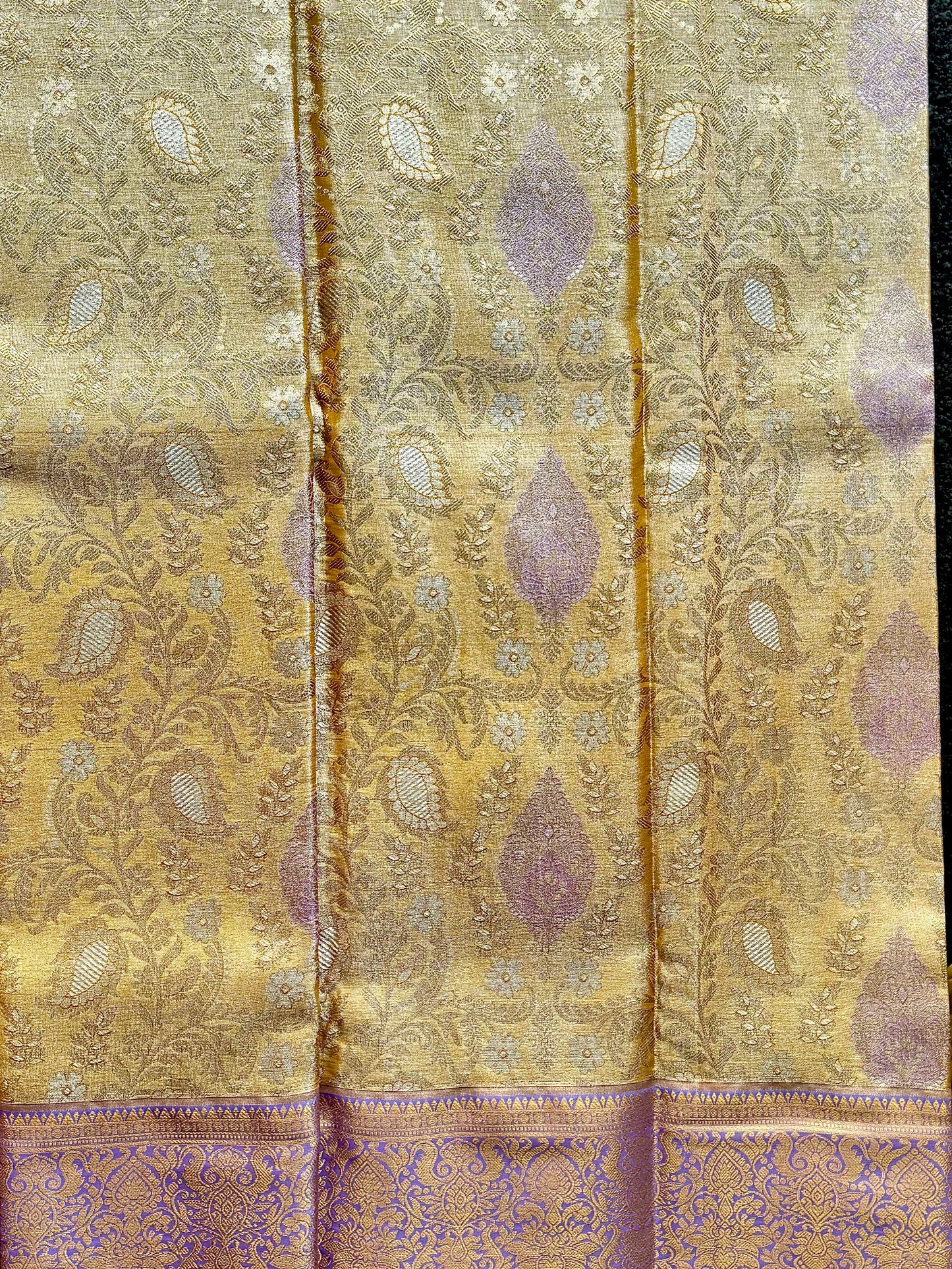 Tarang - Antique Gold & Lavender Kanchipuram Silk Saree with Floral Jaal