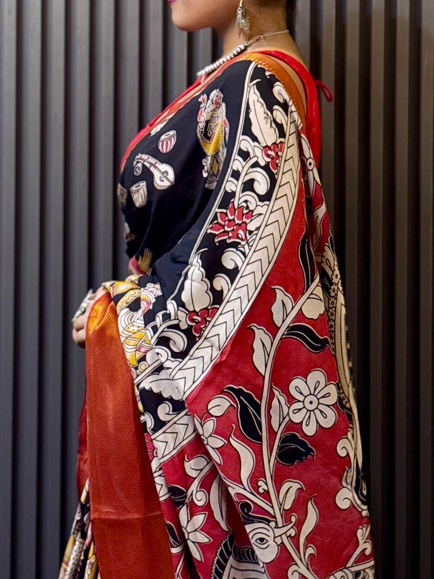 Kalika - Black Kalamkari silk saree with Deity & Peacock Motifs