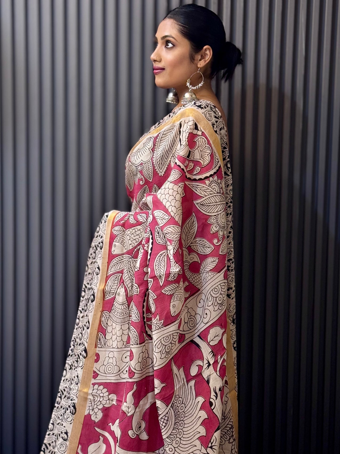 Mayurkatha - Soft Pink Kalamkari silk saree with Peacock & Fish Motifs