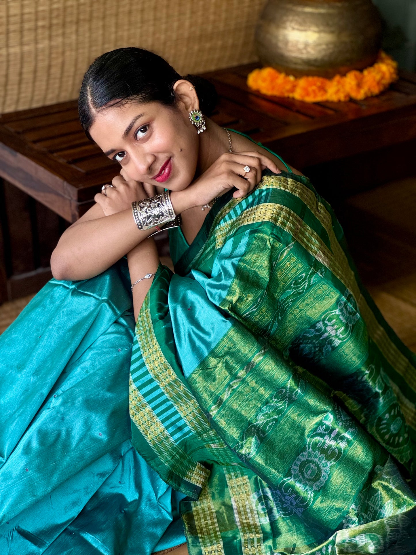 Mayuri - Sea Green & Emerald Green Sambalpuri Bomkai Silk saree