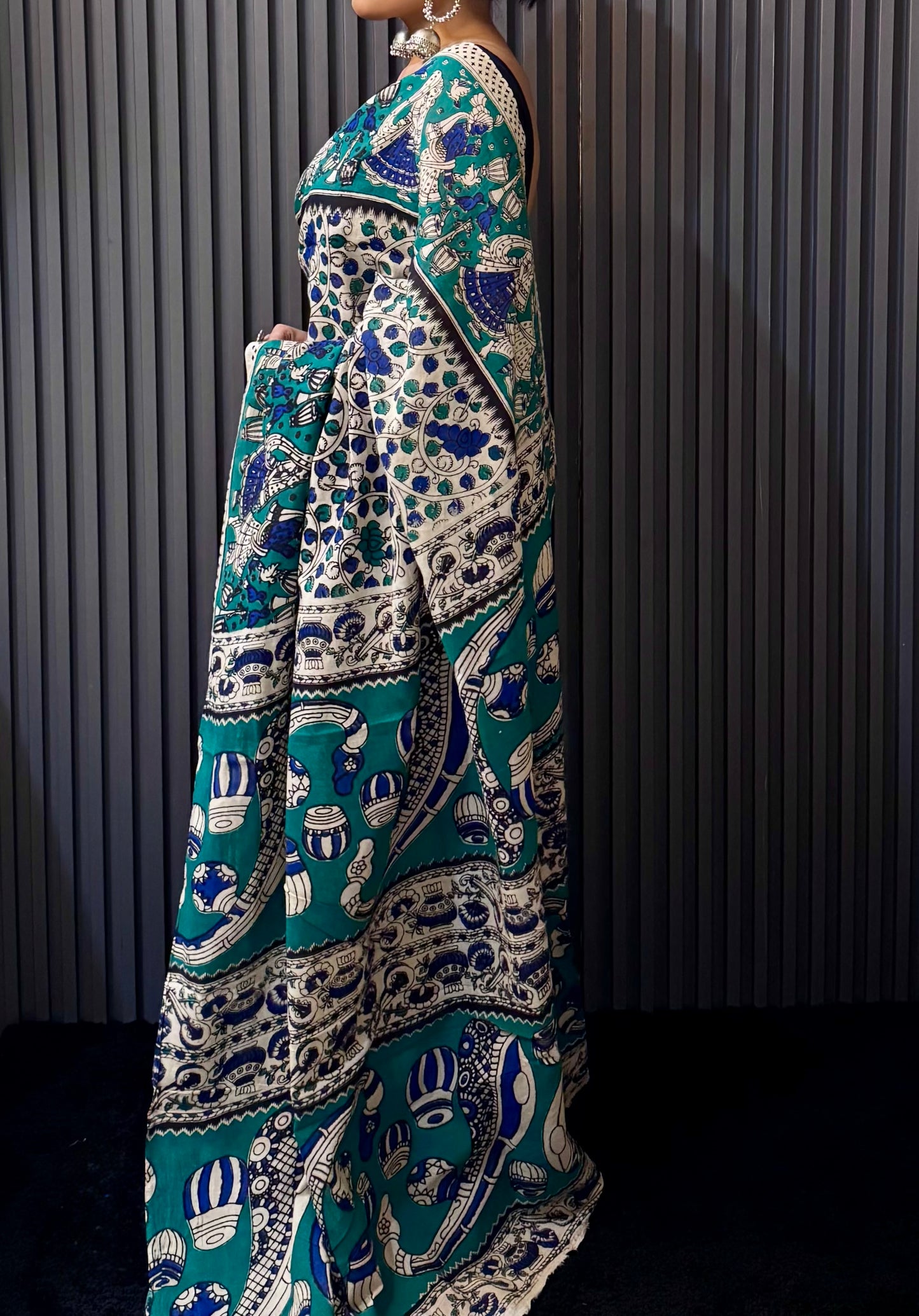 Raagini - Off-White & teal kalamkari mulmul cotton saree with Dance & Musical Motifs