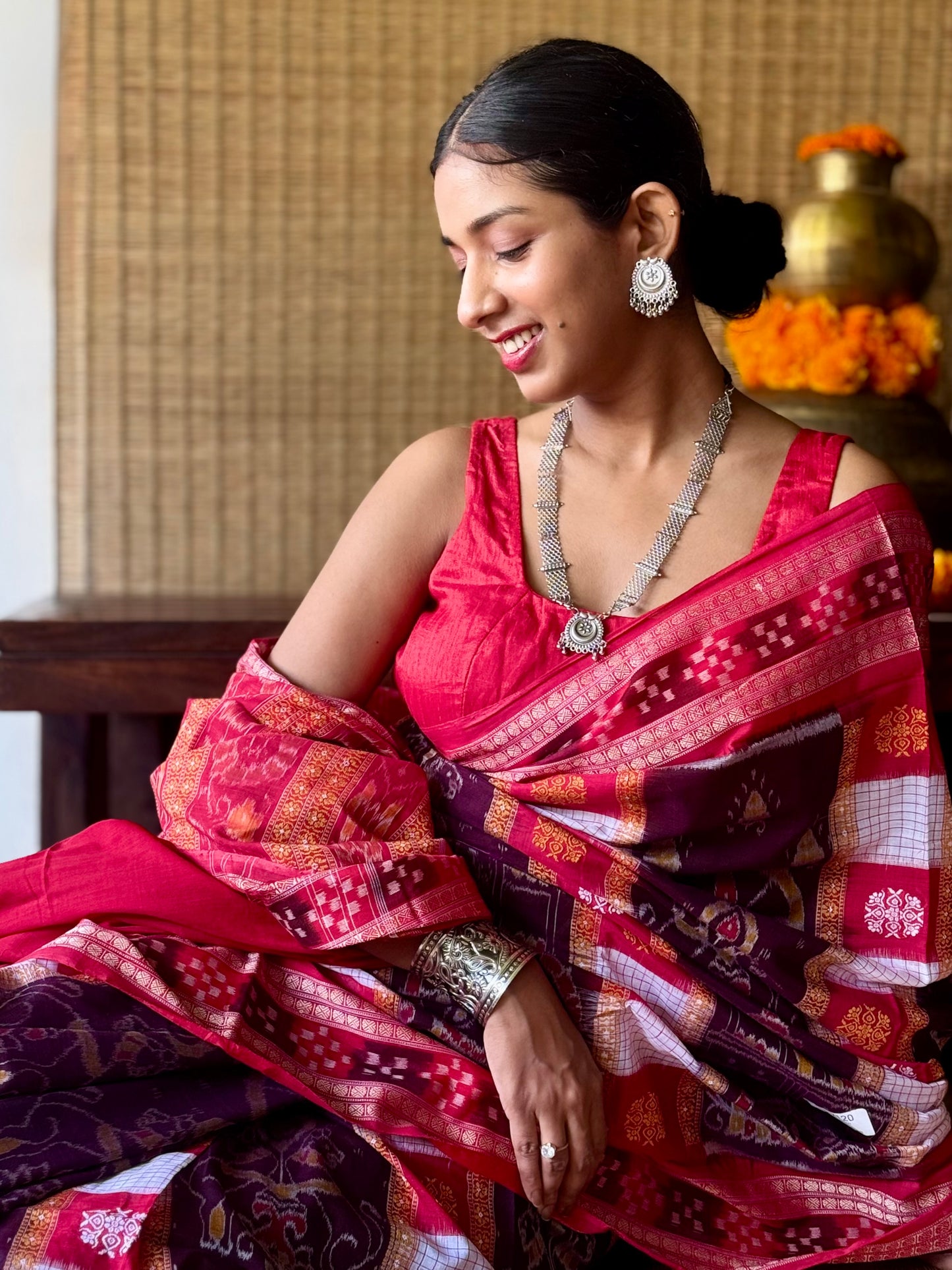 Rajasi - Plum & Crimson Red Sambalpuri Cotton Saree