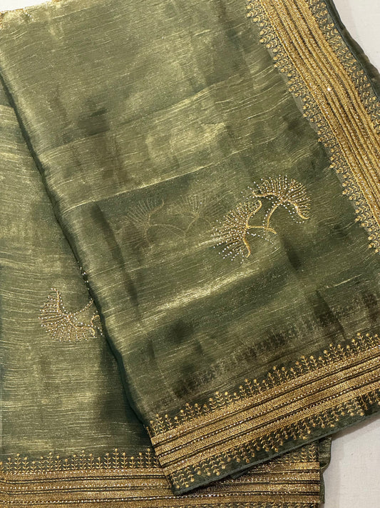 Aarushi – An Olive Green Tissue Silk Saree with Intricate Zari Embroidery